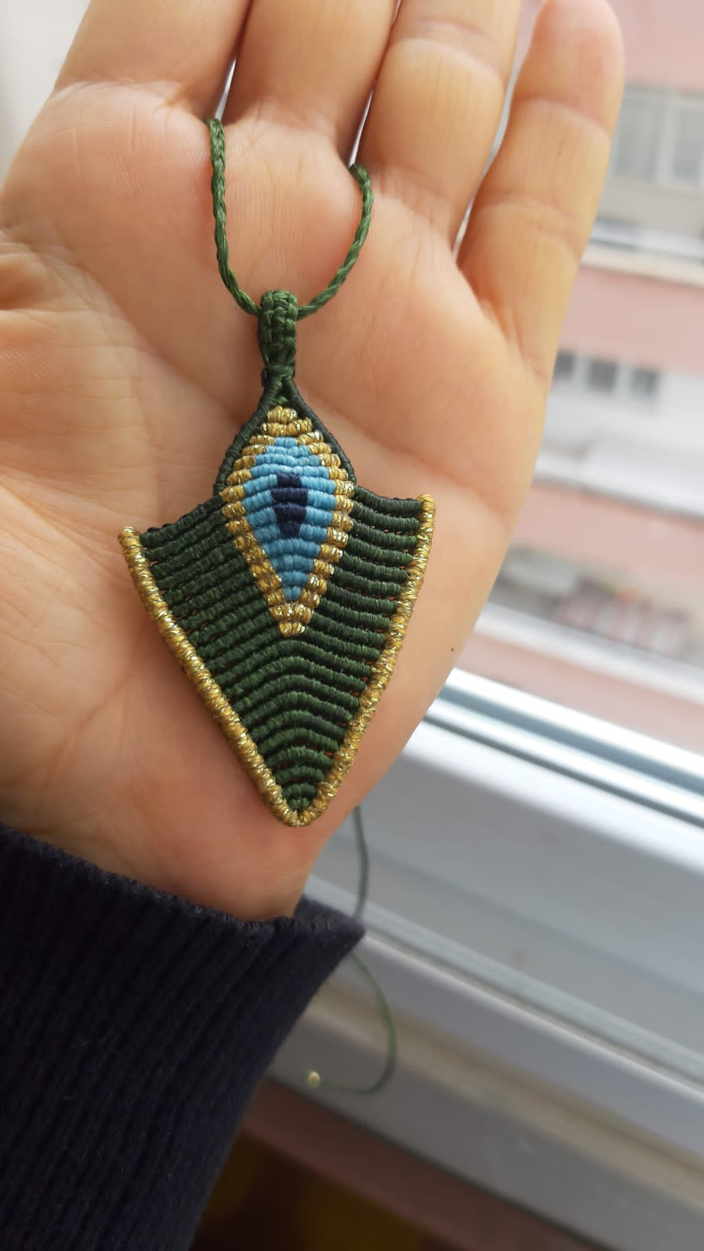 Handmade Macrame Evil Eye Necklace - Green Gold - Adjustable