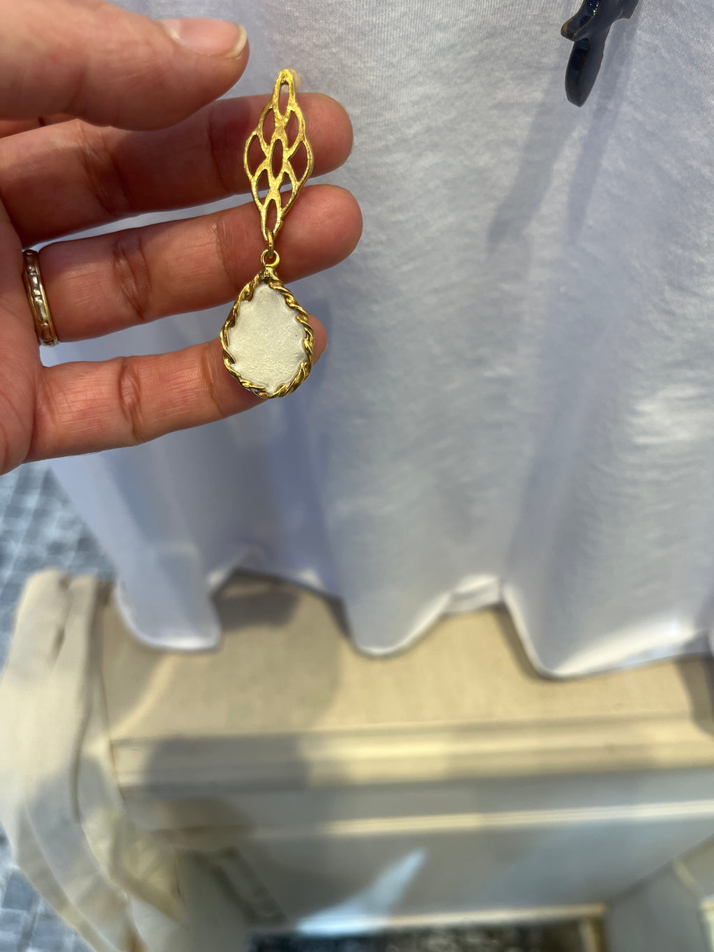 Gold-Plated Bronze Earrings - White Enamel Teardrop with Lattice Design