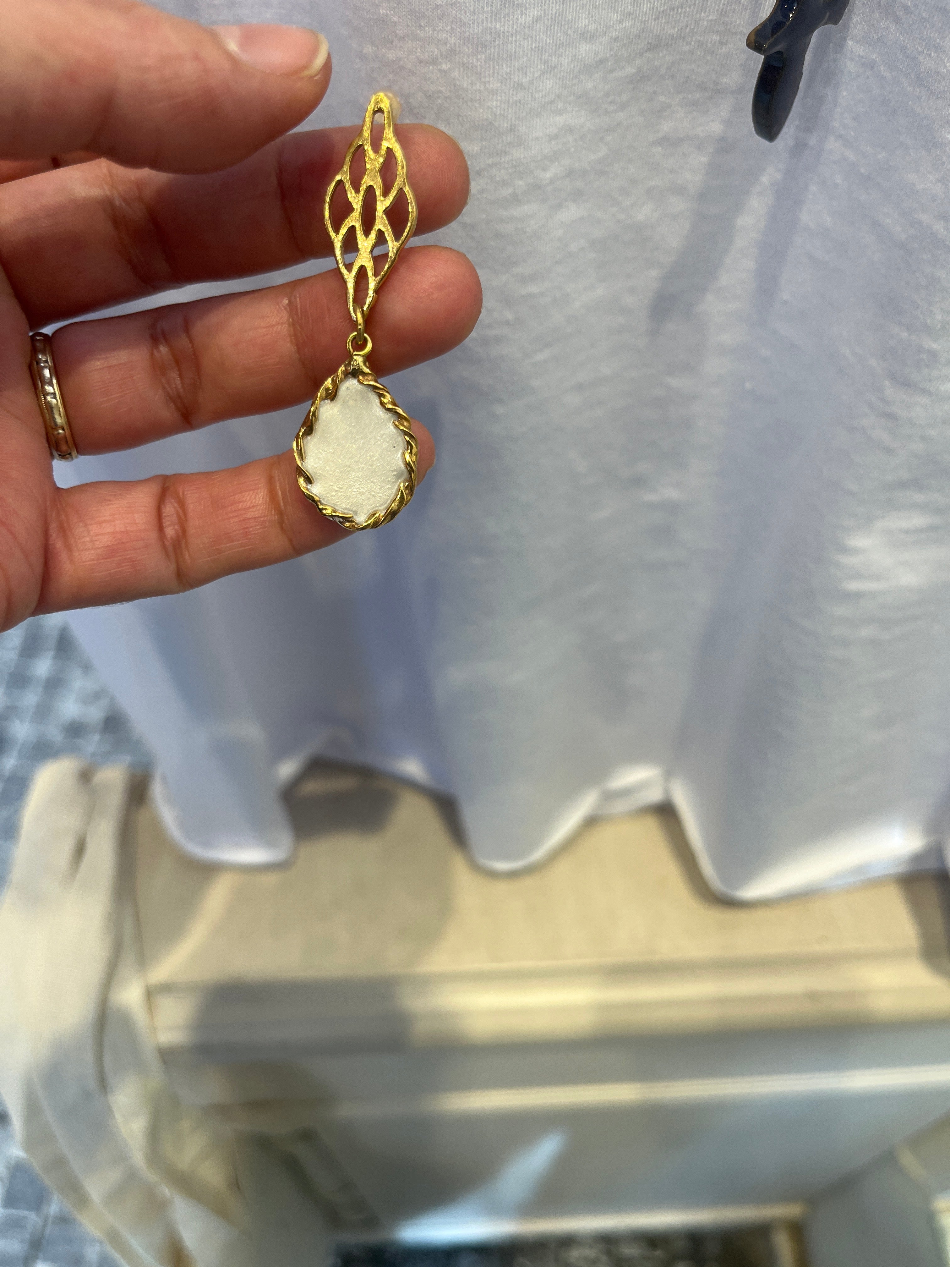 Gold-Plated Bronze Earrings - White Enamel Teardrop with Lattice Design