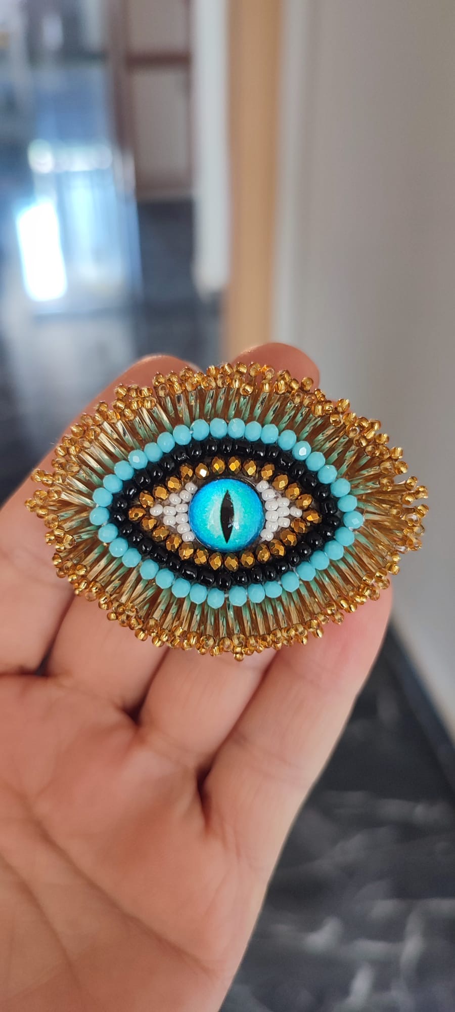 Handmade Turquoise Cat Eye Brooch - Gold Fringed