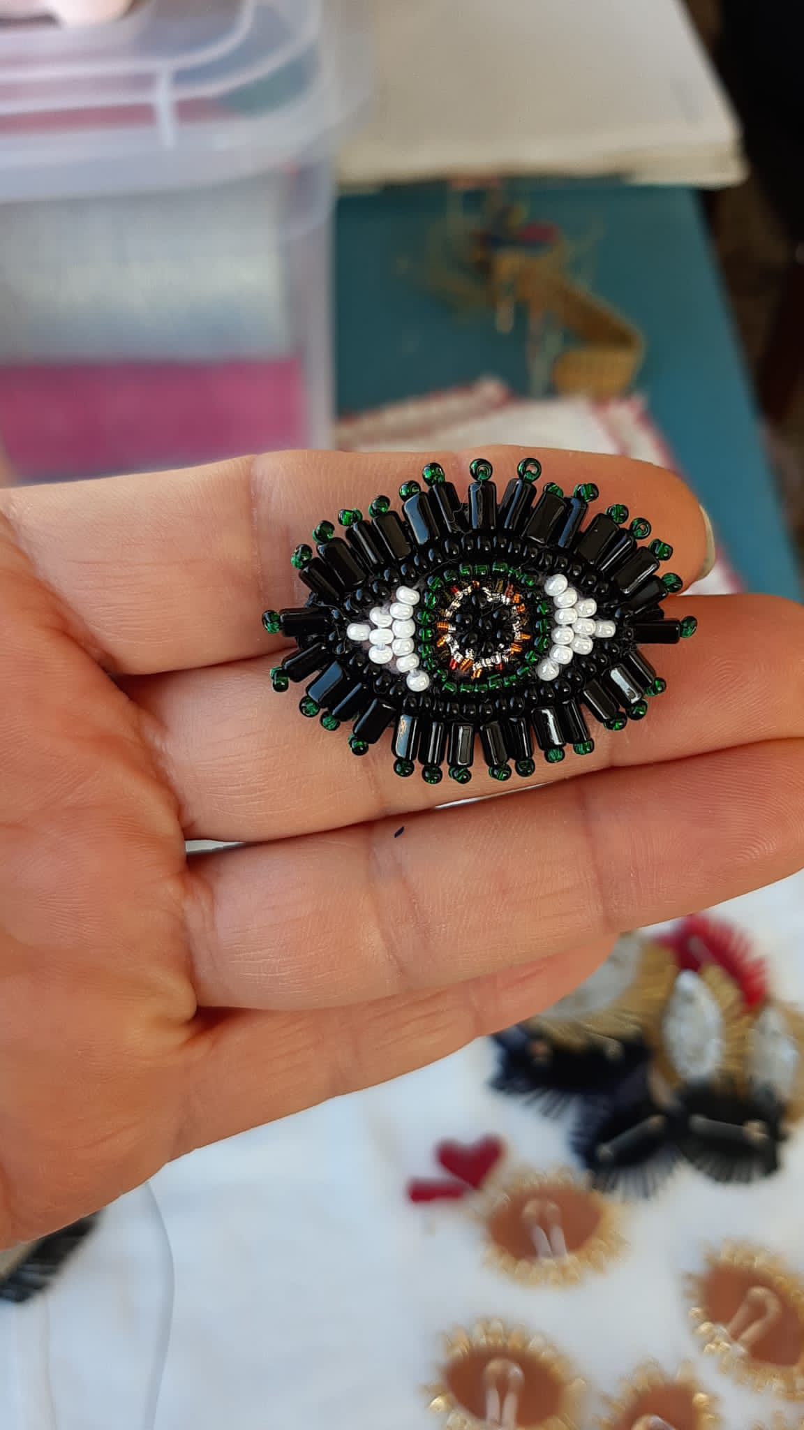 Handmade Black Evil Eye Brooch - Pink Accent