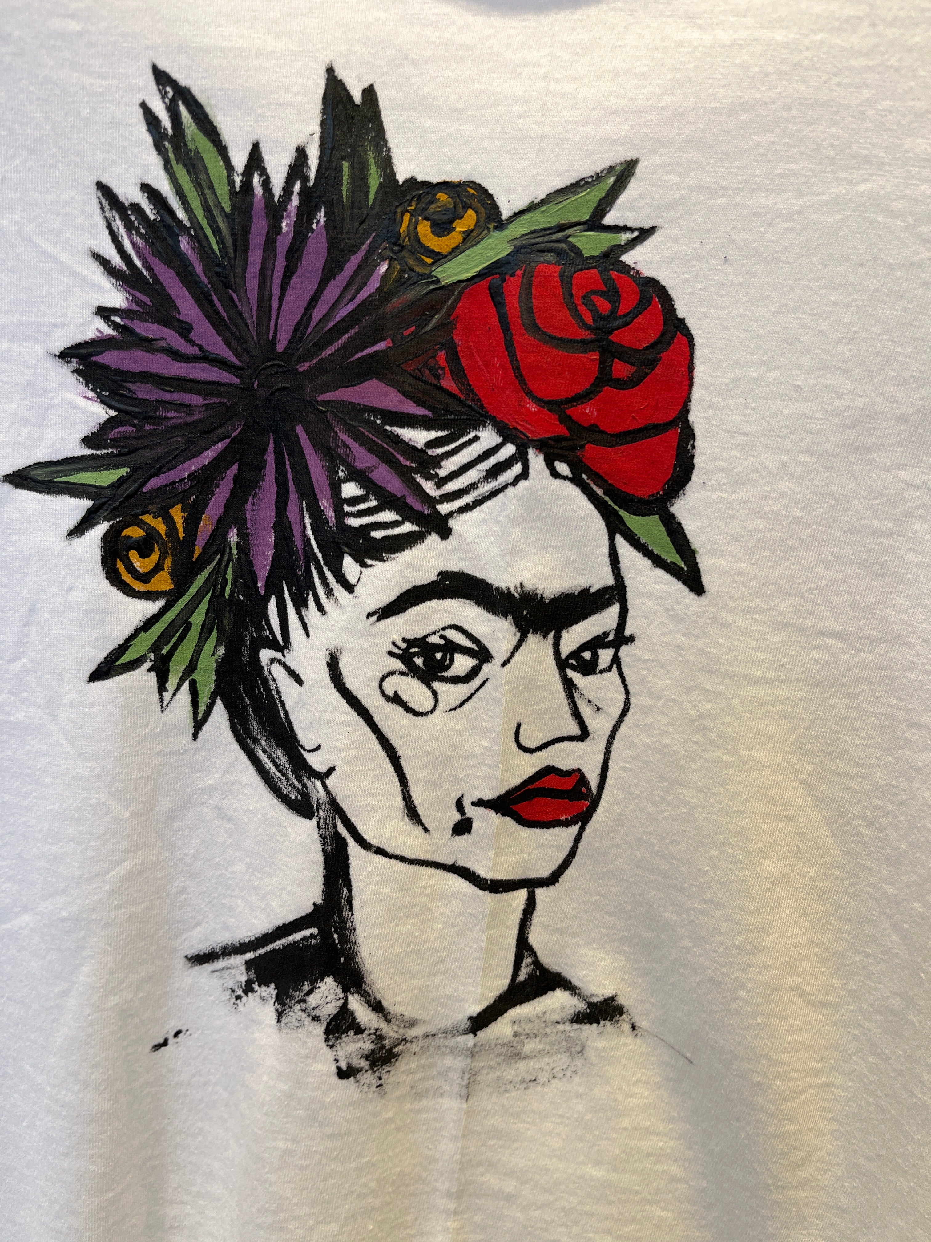 Hand-Drawn Frida Kahlo Cotton T-Shirt