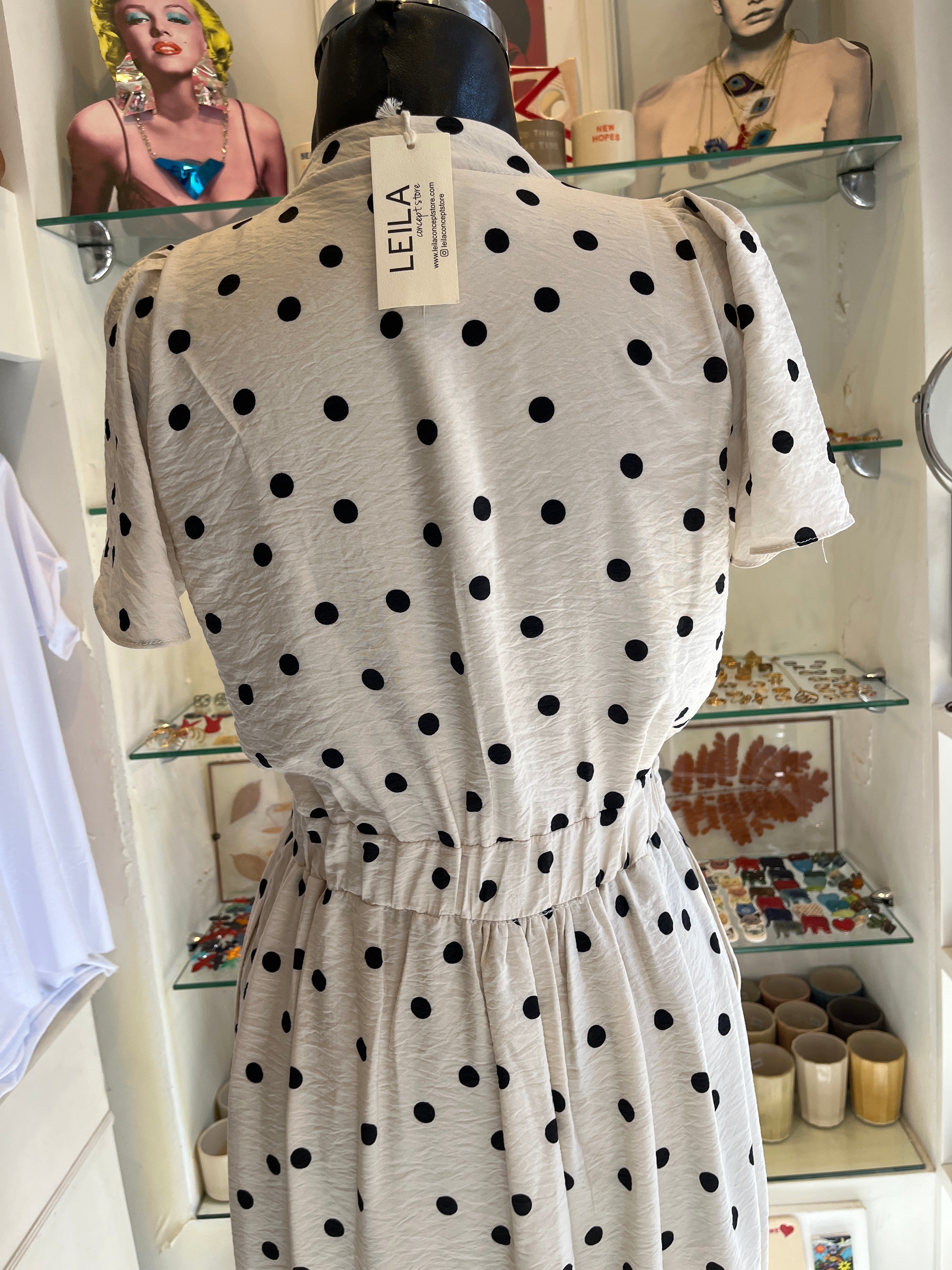 Polka Dot Midi Dress with Elastic Waist & Front Slit