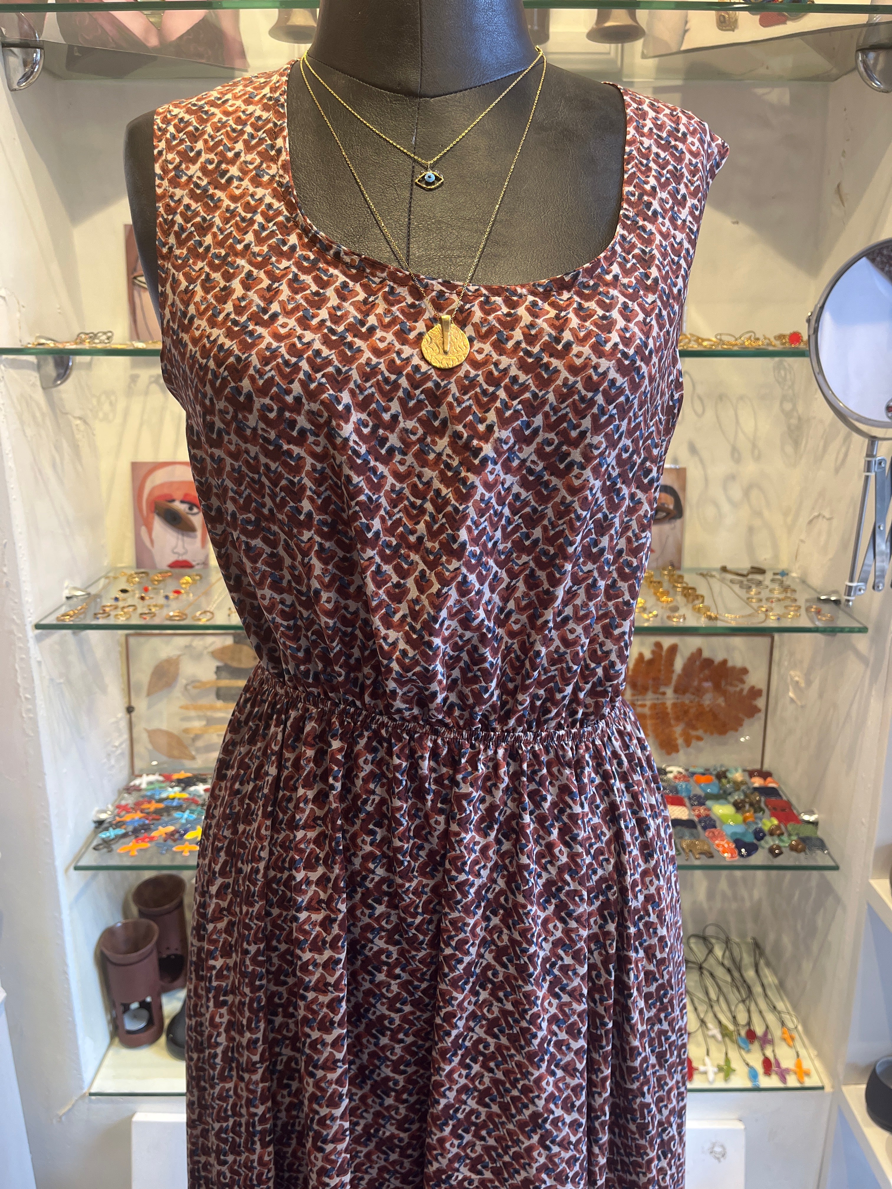 Open Back Maxi Dress | Elastic Waist | Burgundy Print