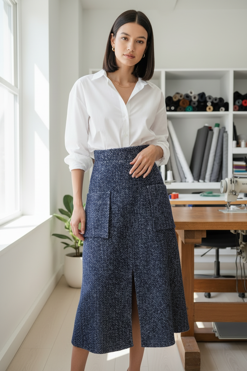 Navy Blue Herringbone Tweed Midi Skirt with Pockets