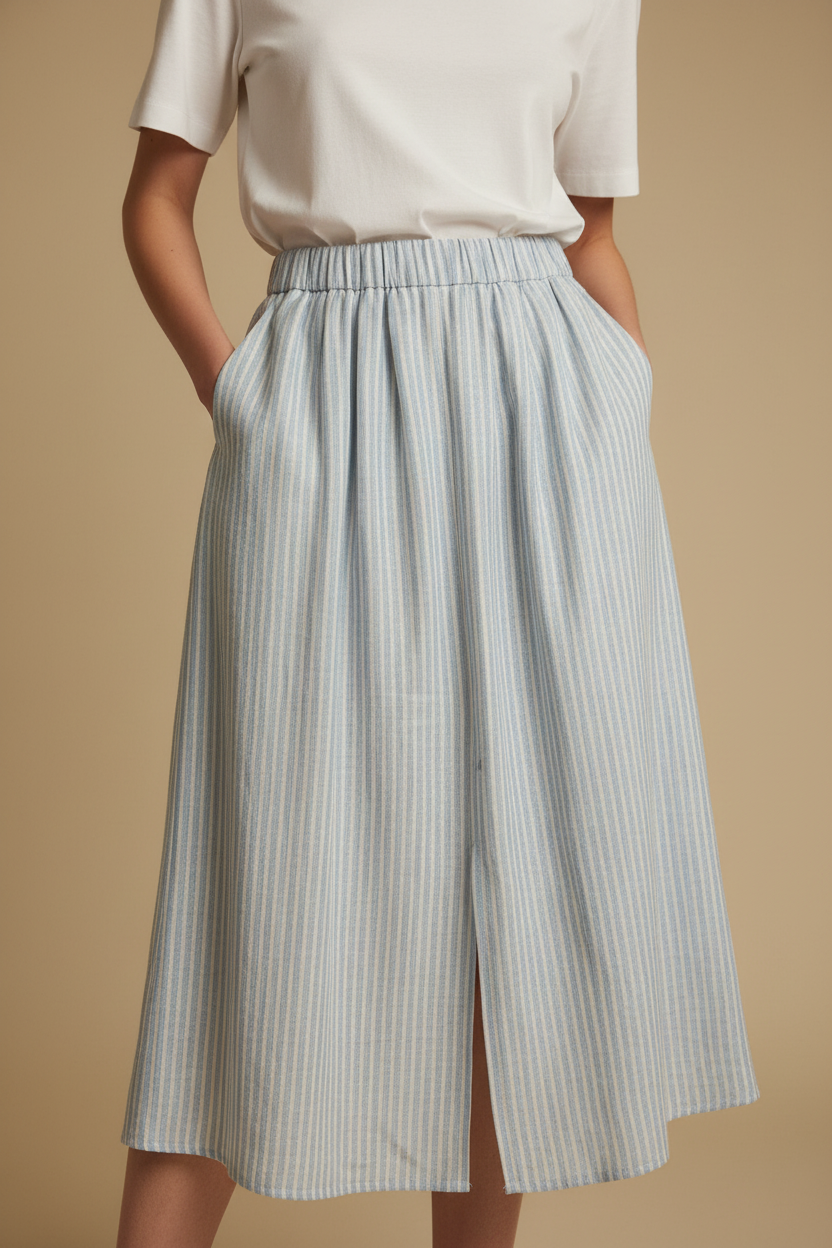 Striped Linen Midi Skirt | 100% Natural Linen