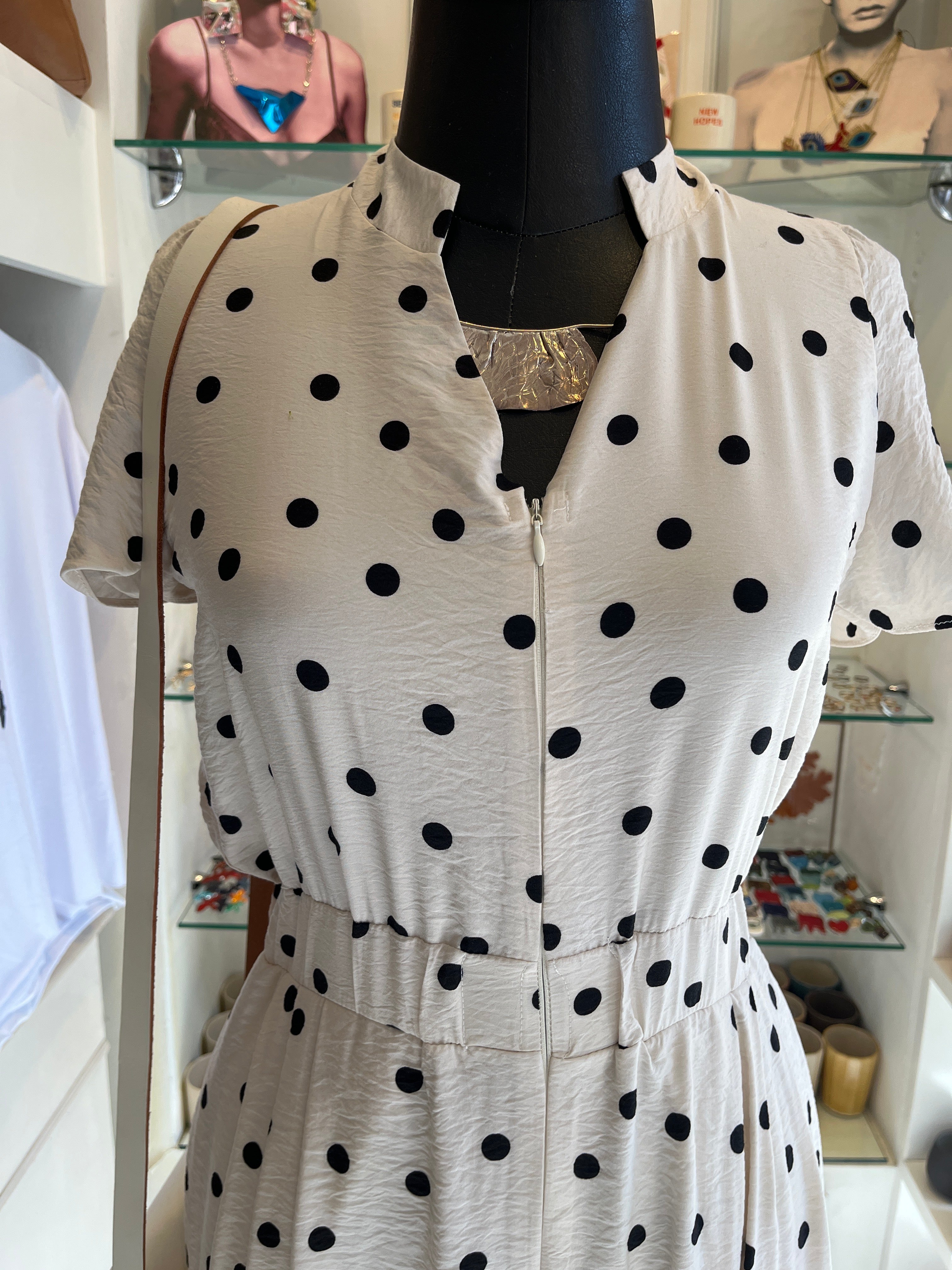 Polka Dot Midi Dress with Elastic Waist & Front Slit