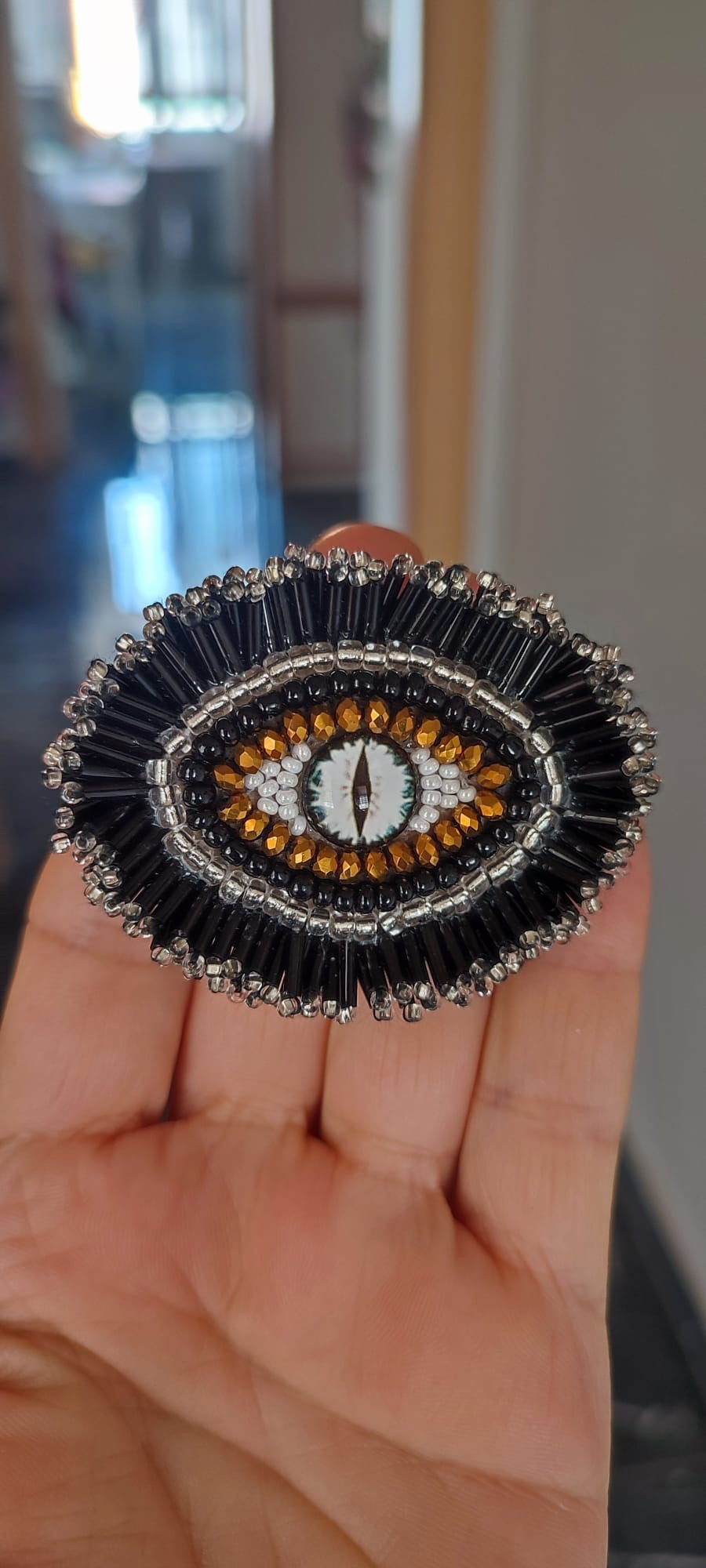 Handmade Bronze Cat Eye Brooch - Gold Fringed