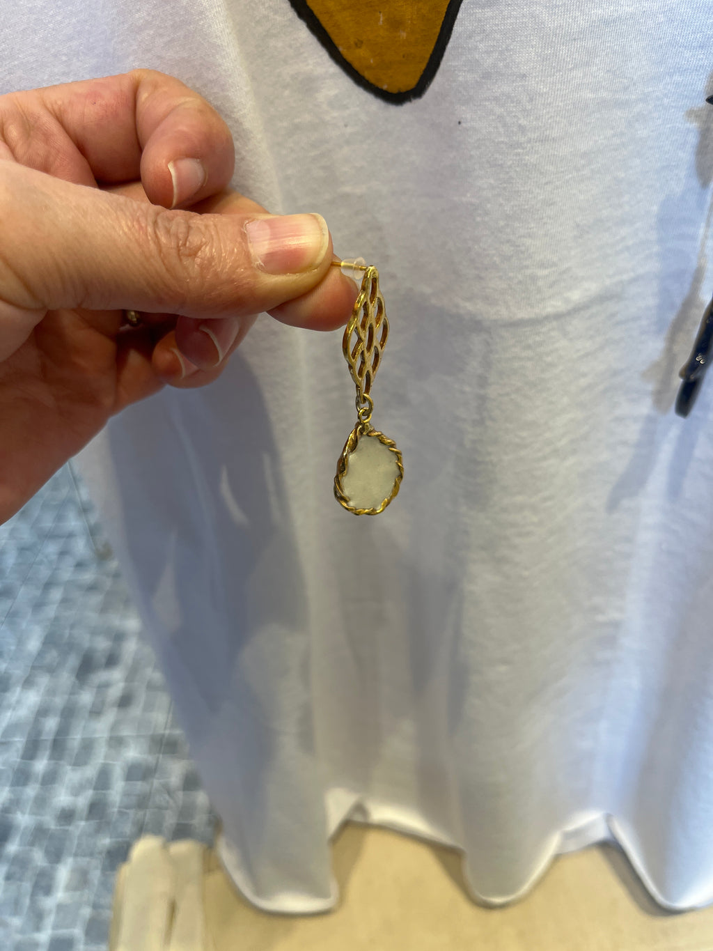 Gold-Plated Bronze Earrings - White Enamel Teardrop with Lattice Design