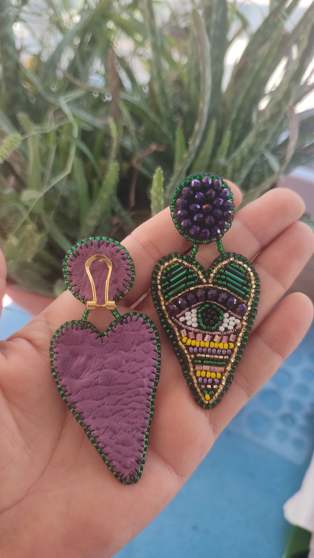 Handmade Evil Eye Heart Earrings - Green & Purple
