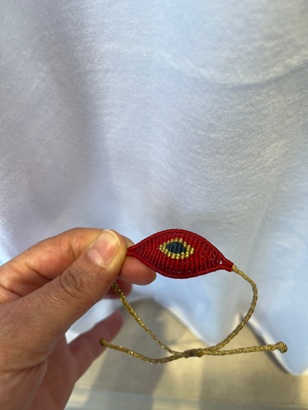 Handmade Evil Eye Macrame Bracelet | Crimson Red & Gold | Adjustable Waxed Cord