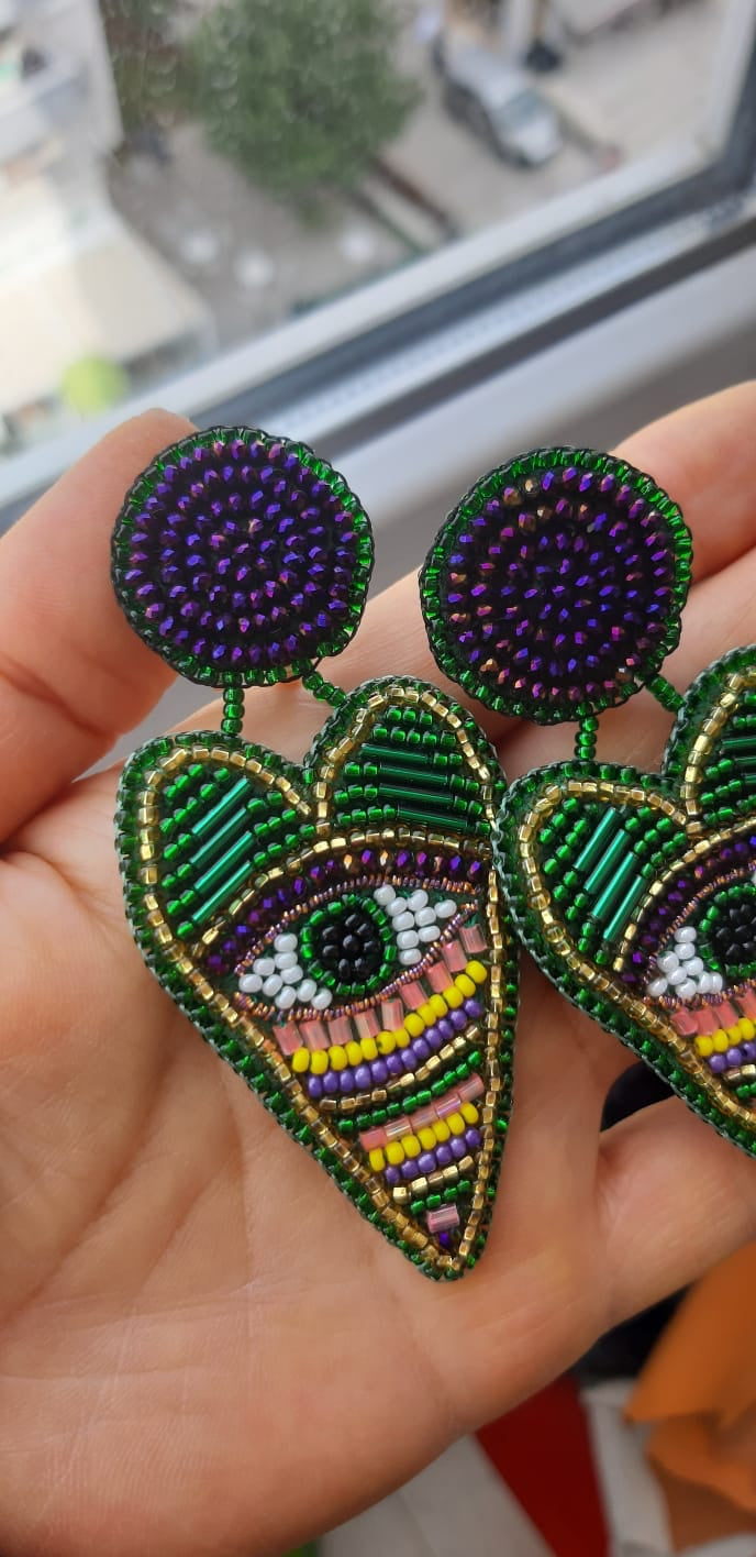 Handmade Evil Eye Heart Earrings - Green & Purple