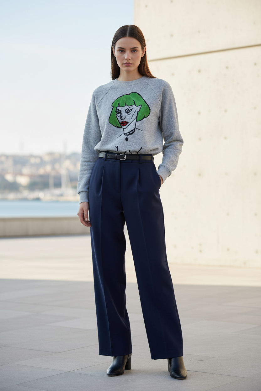 Hand-Drawn Woman Portrait Sweatshirt - Green Hair Art Print