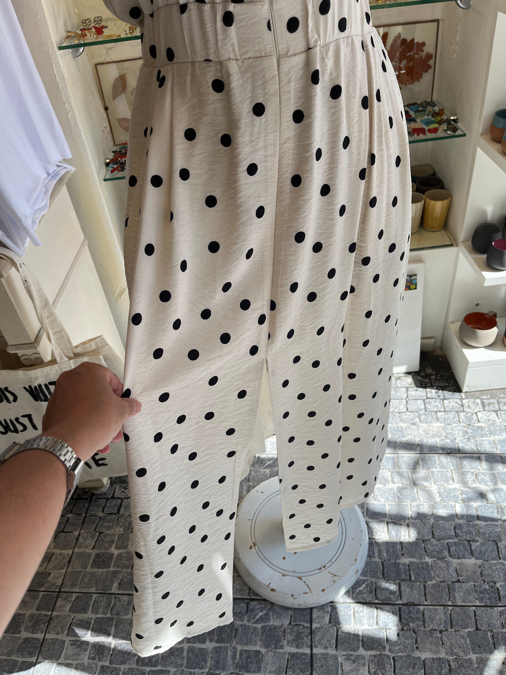 Polka Dot Midi Dress with Elastic Waist & Front Slit