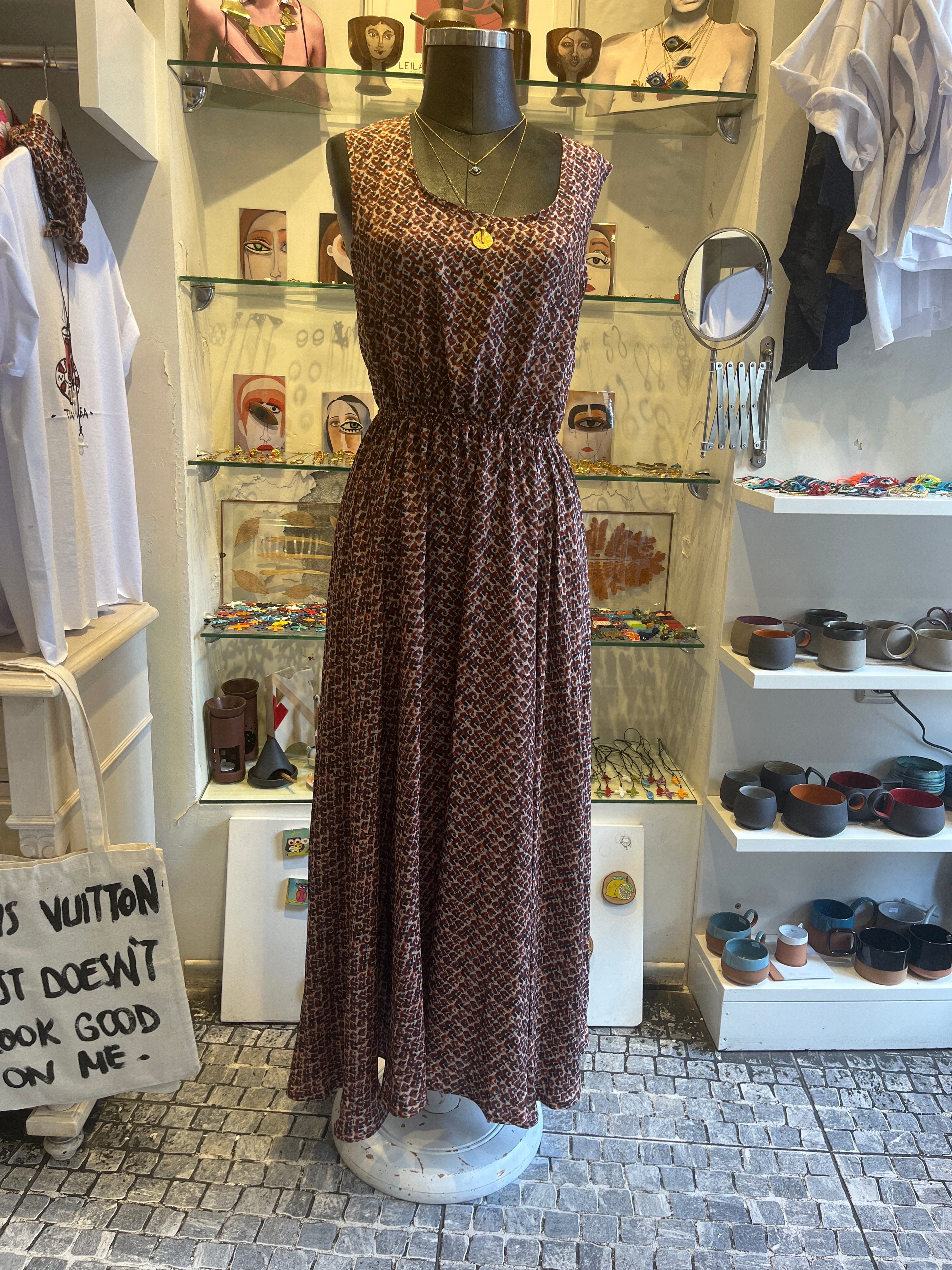 Open Back Maxi Dress | Elastic Waist | Burgundy Print