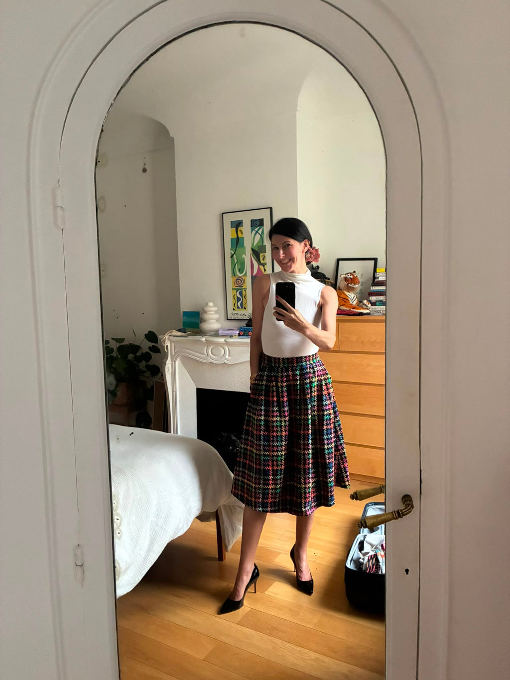 Colorful Houndstooth Midi Skirt