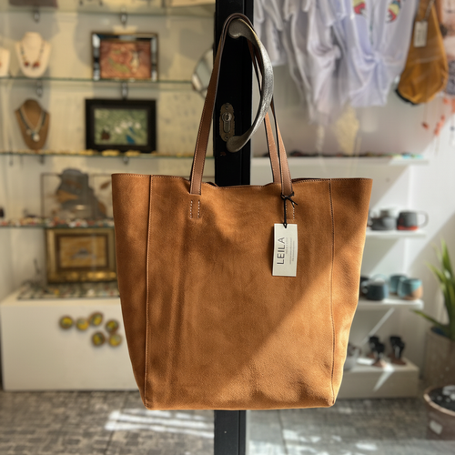 Caramel Brown Suede Leather Tote Bag - Large