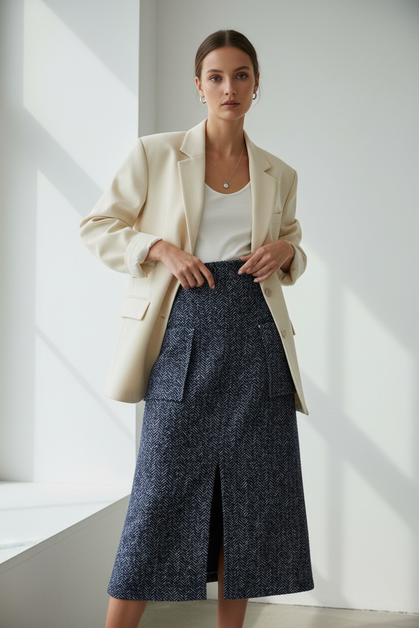 Navy Blue Herringbone Tweed Midi Skirt with Pockets