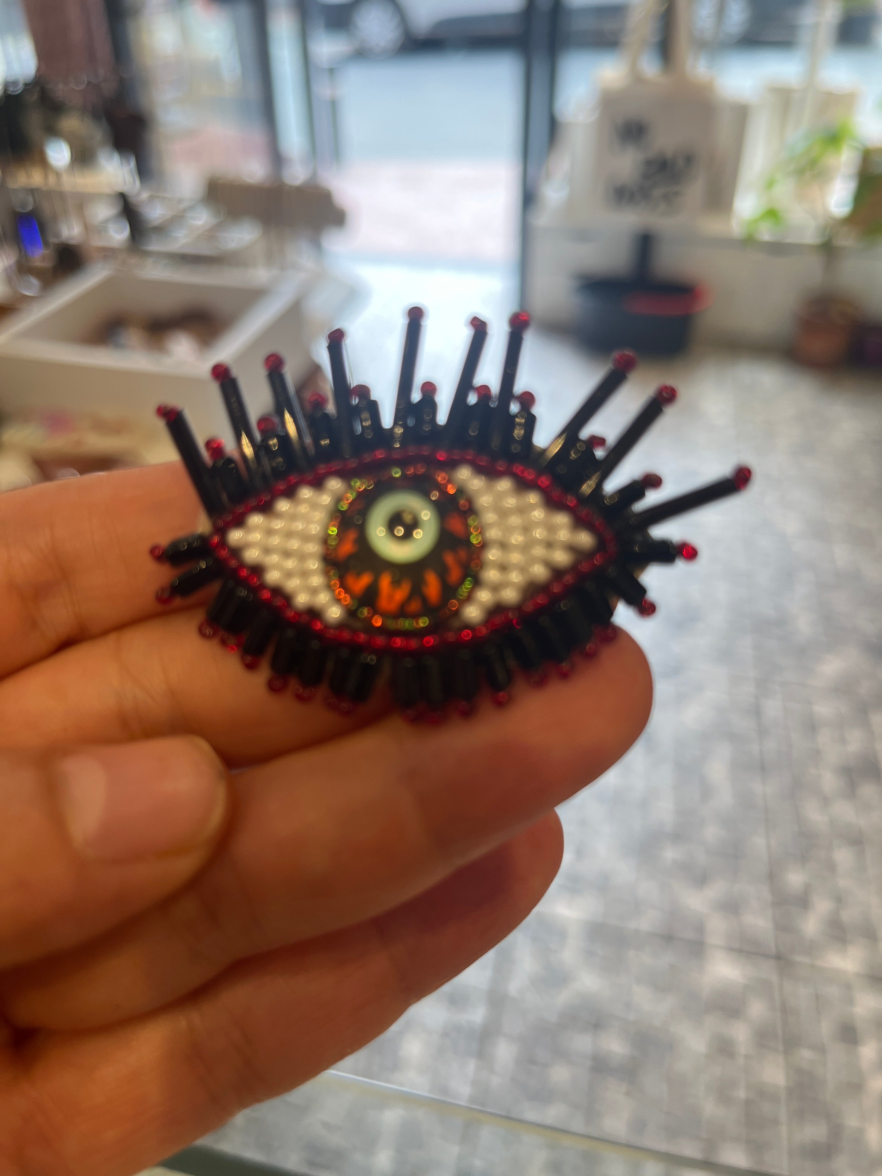 Handmade Black & Red Beaded Evil Eye Brooch