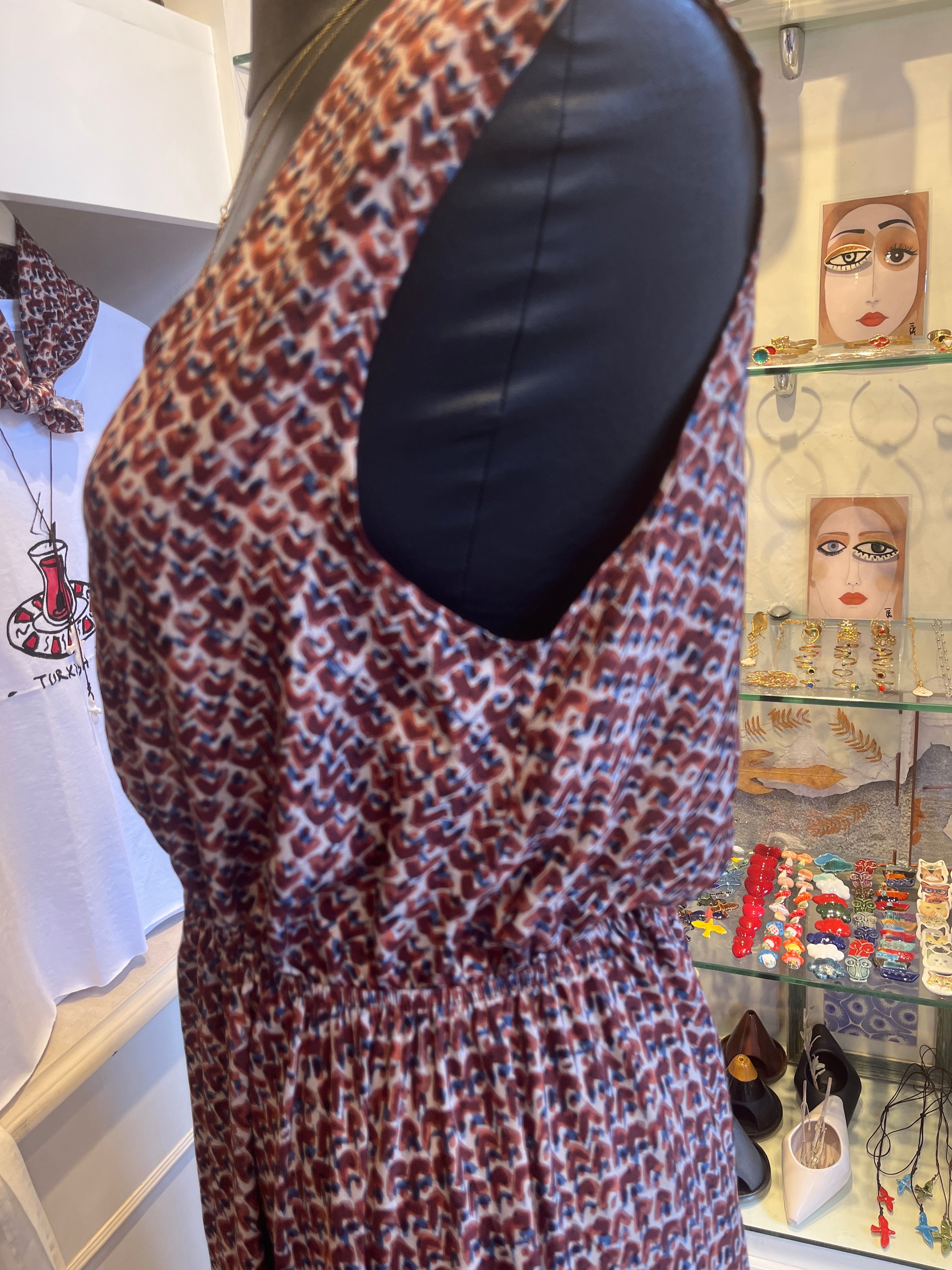Open Back Maxi Dress | Elastic Waist | Burgundy Print