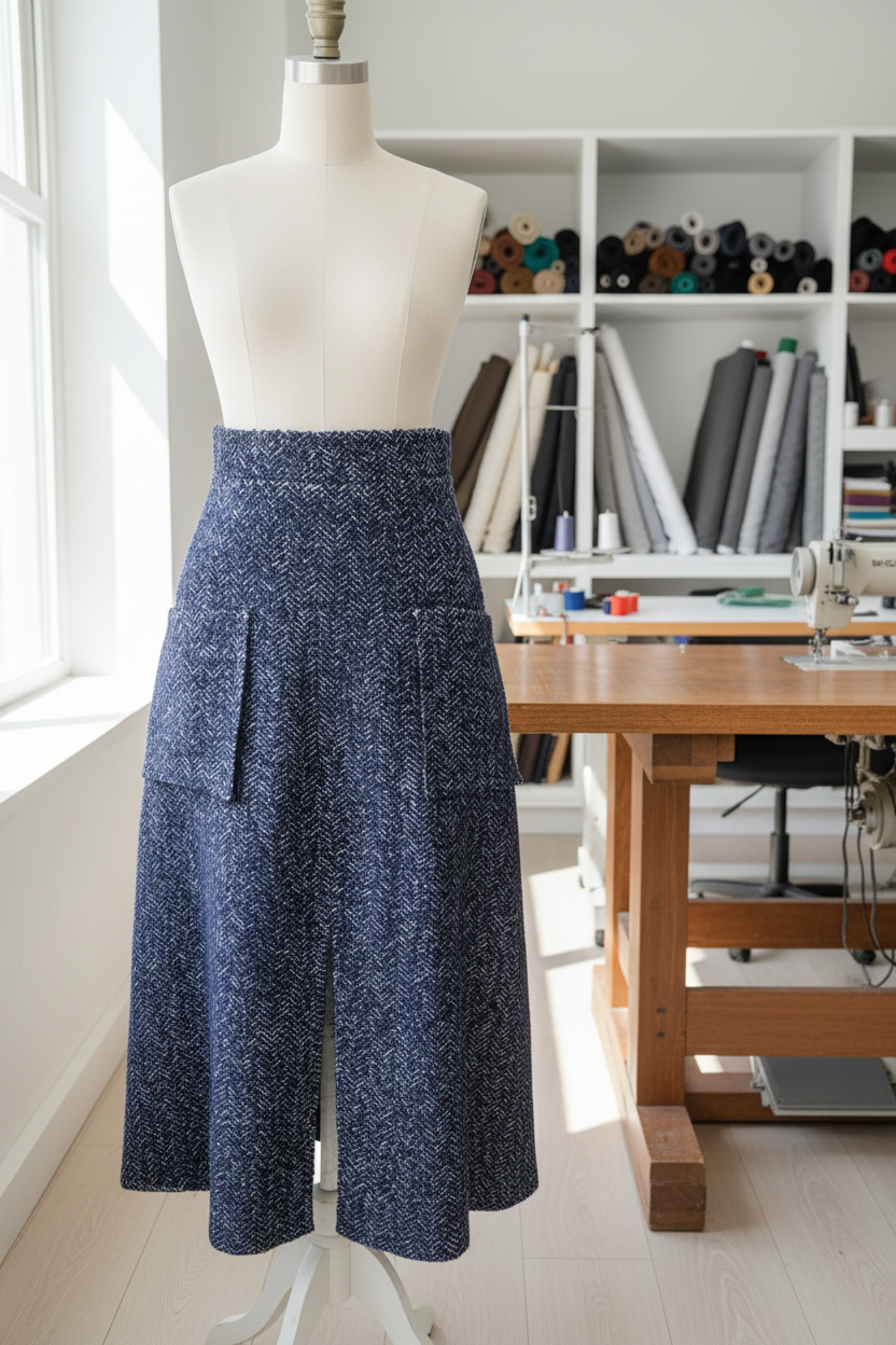 Navy Blue Herringbone Tweed Midi Skirt with Pockets