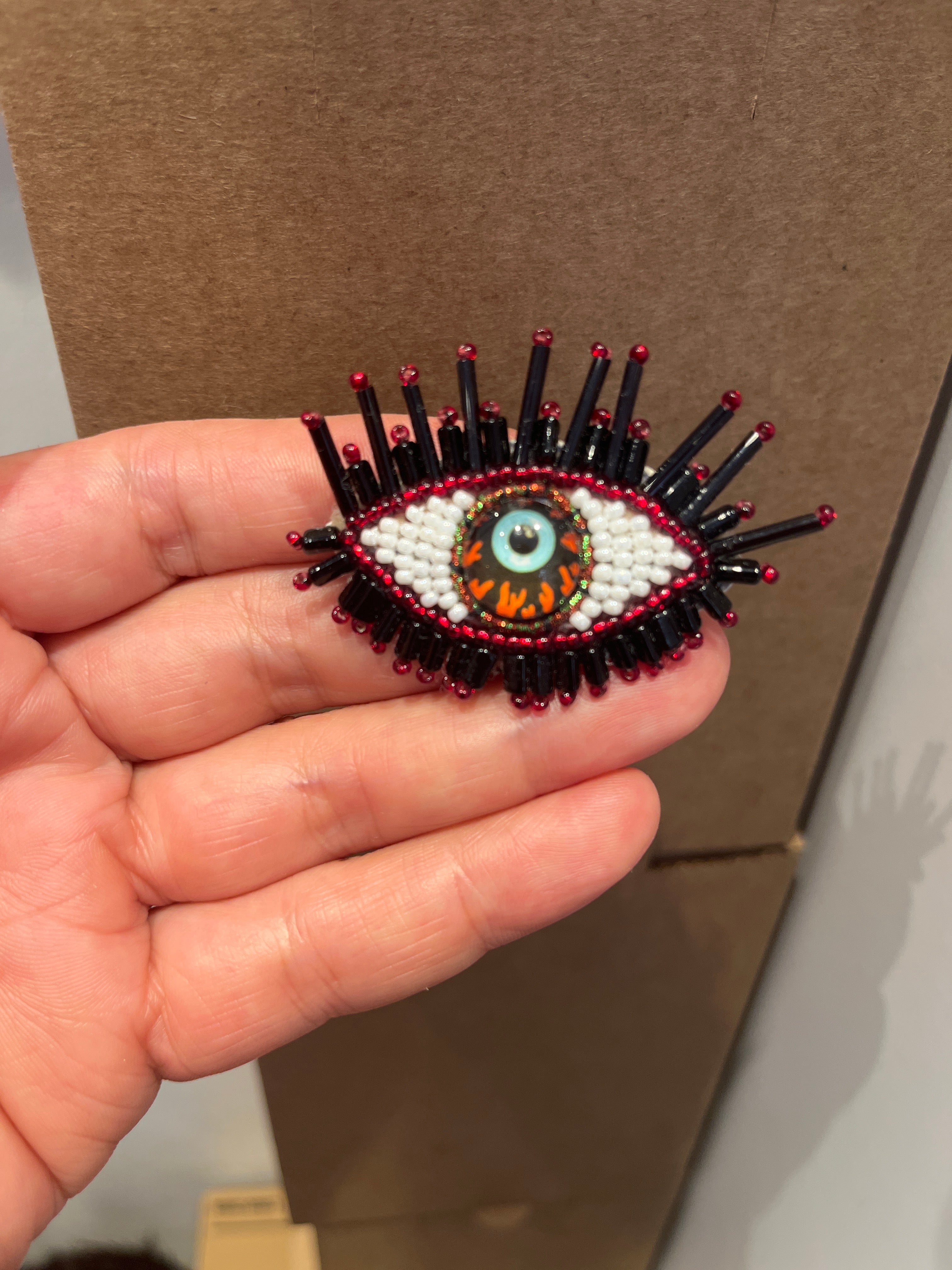 Handmade Black & Red Beaded Evil Eye Brooch