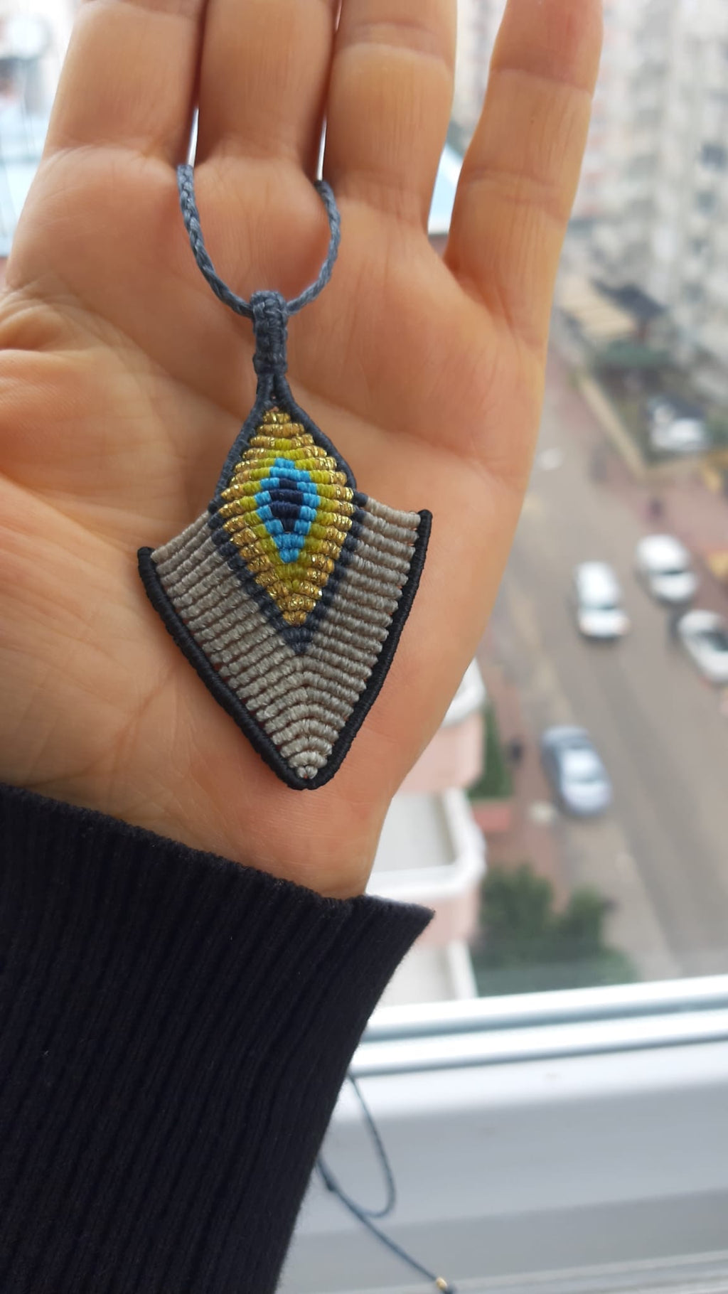 Handmade Macrame Evil Eye Necklace - Grey Black - Adjustable
