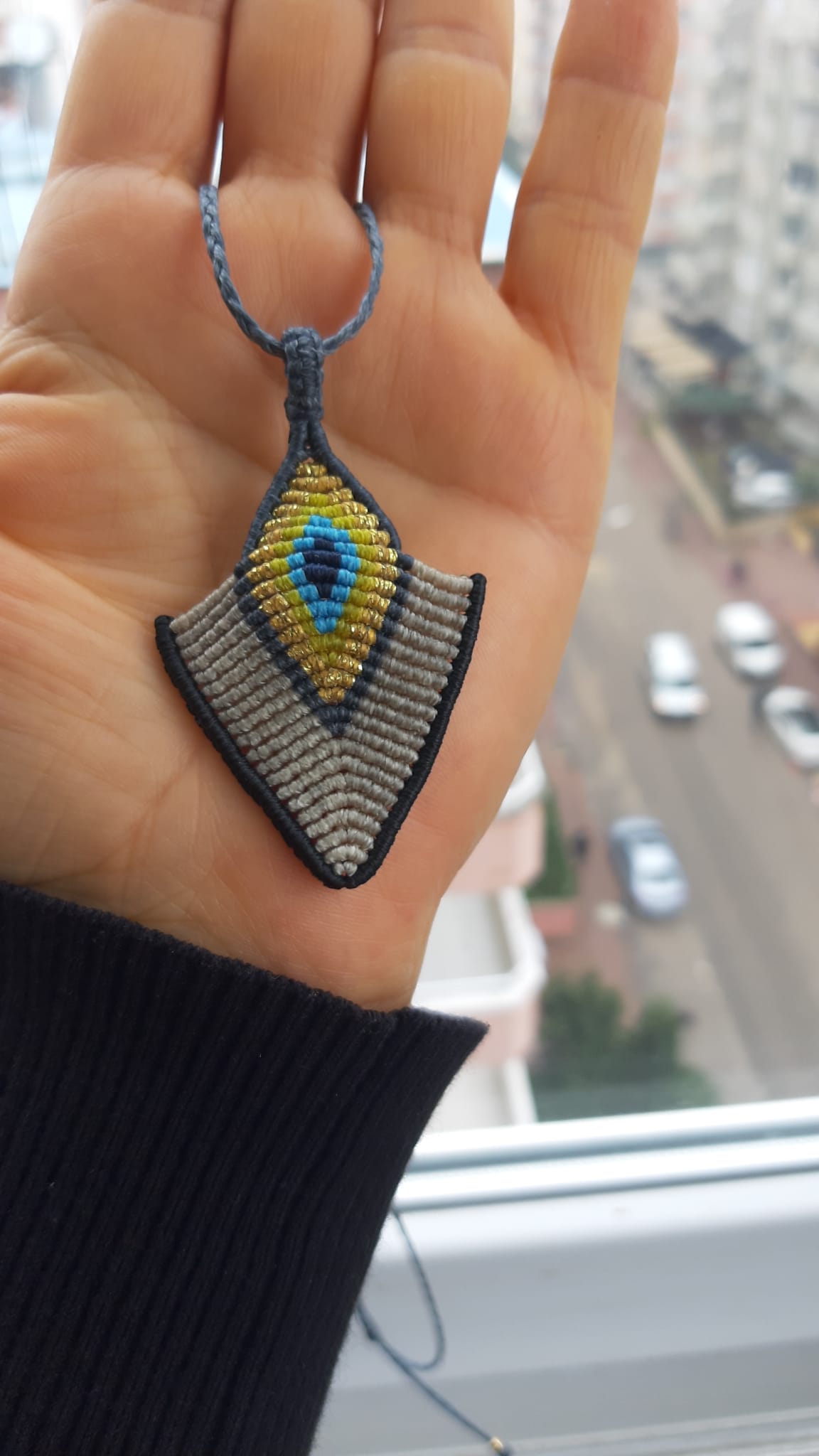 Handmade Macrame Evil Eye Necklace - Grey Black - Adjustable