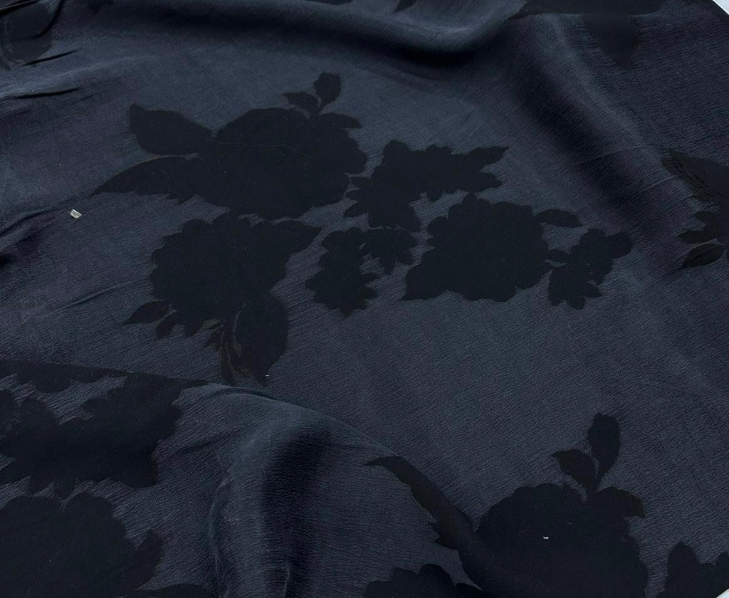 Handcrafted Black Silk Bomber Jacket with Tonal Floral Pattern