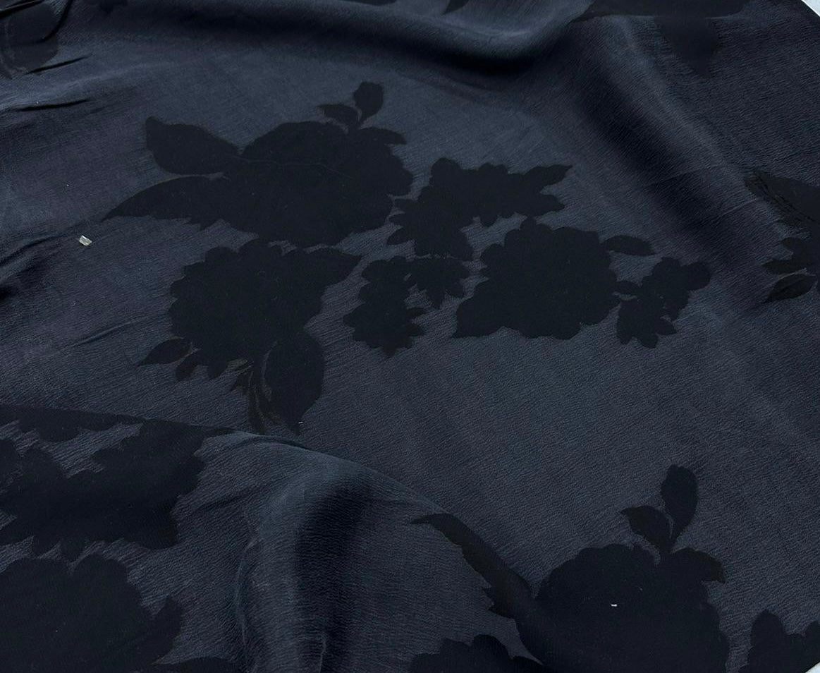 Handcrafted Black Silk Bomber Jacket with Tonal Floral Pattern