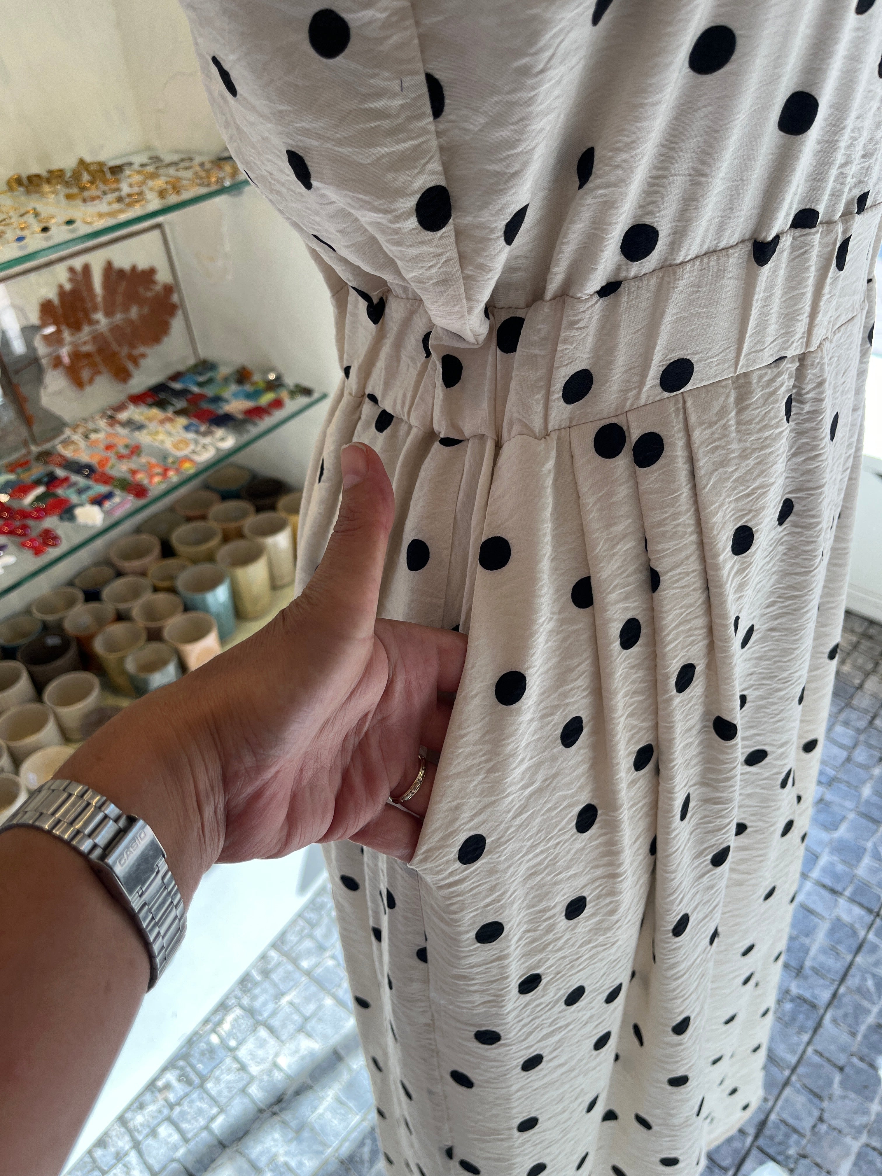 Polka Dot Midi Dress with Elastic Waist & Front Slit