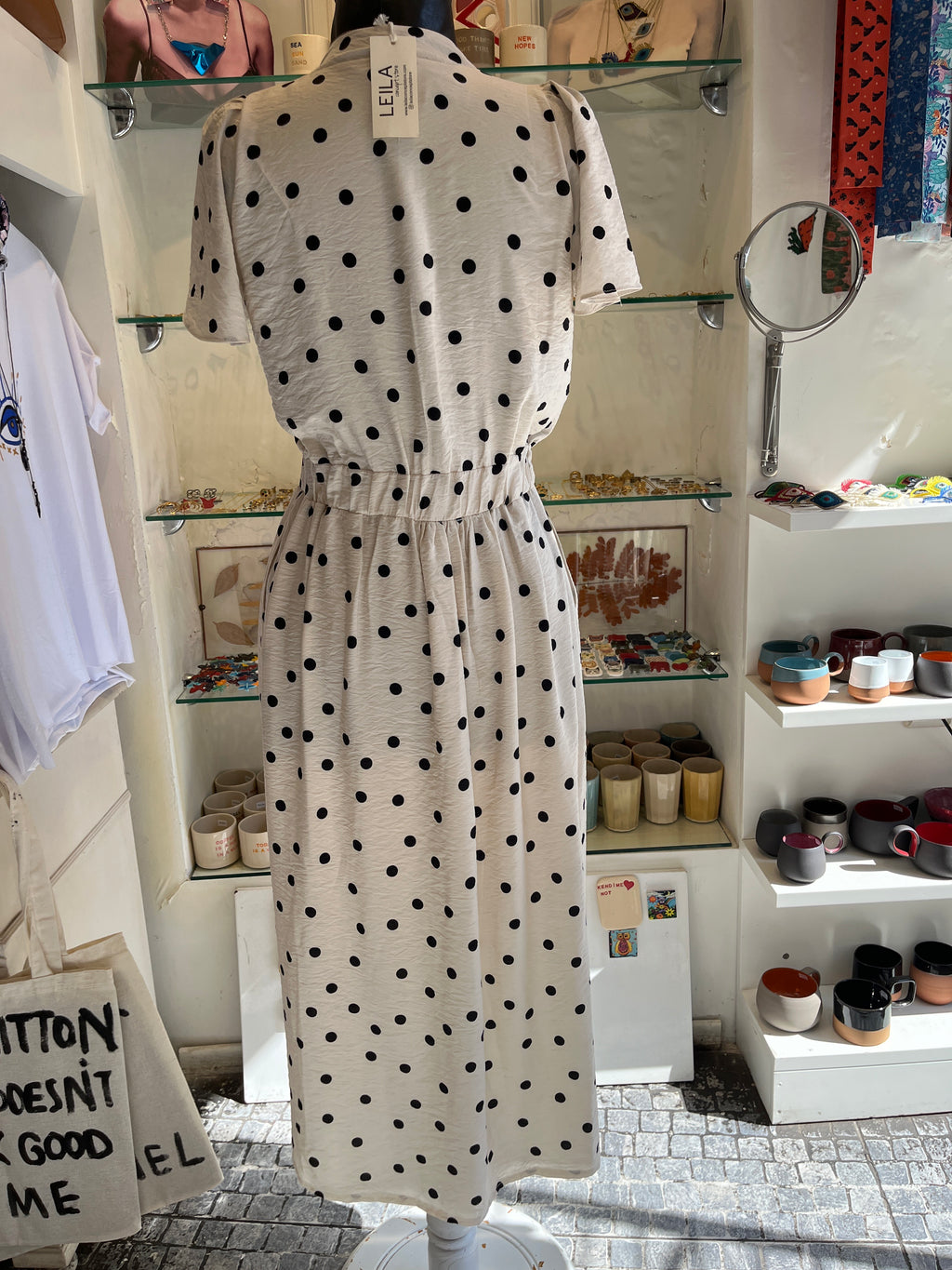 Polka Dot Midi Dress with Elastic Waist & Front Slit