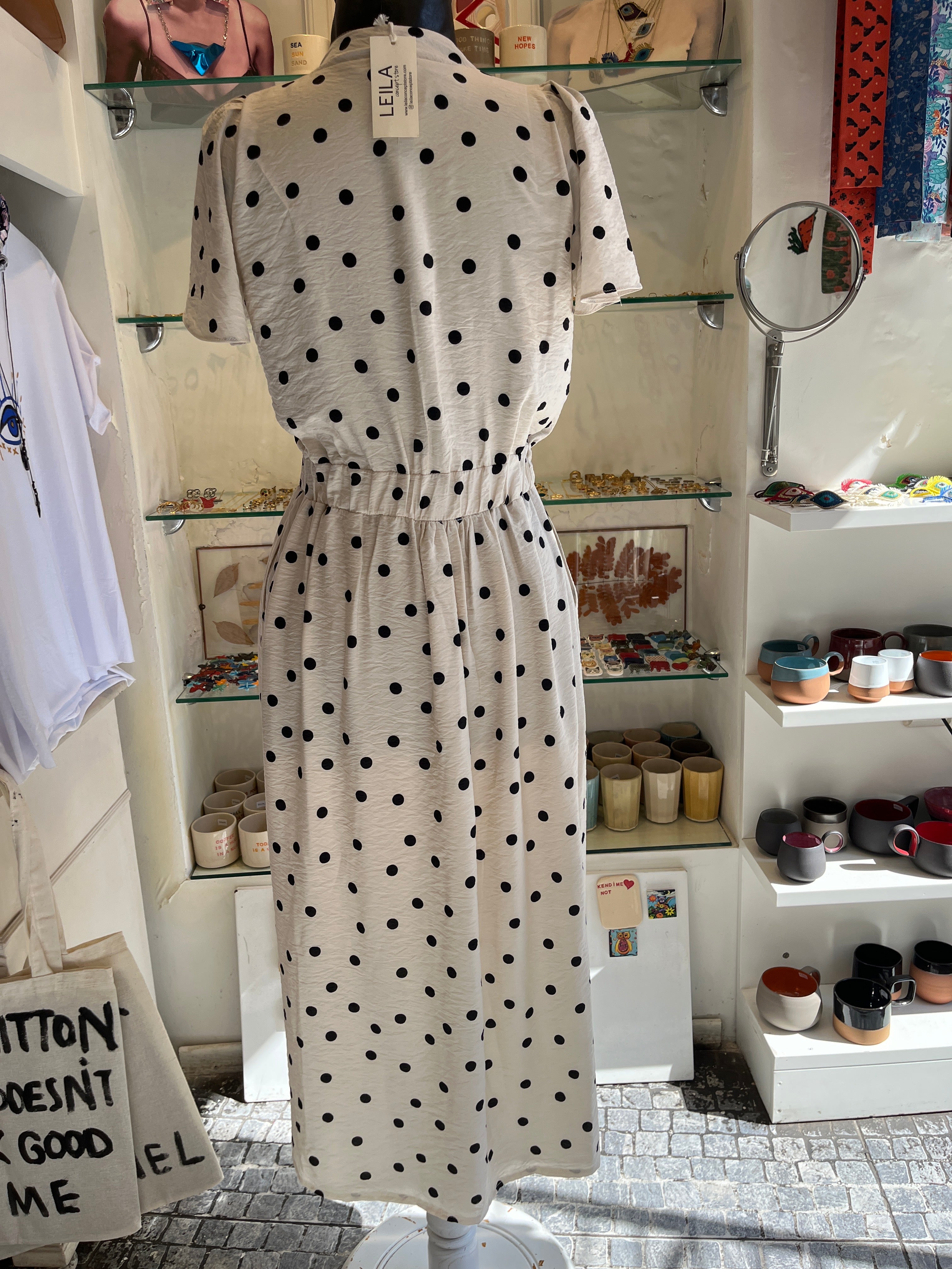 Polka Dot Midi Dress with Elastic Waist & Front Slit