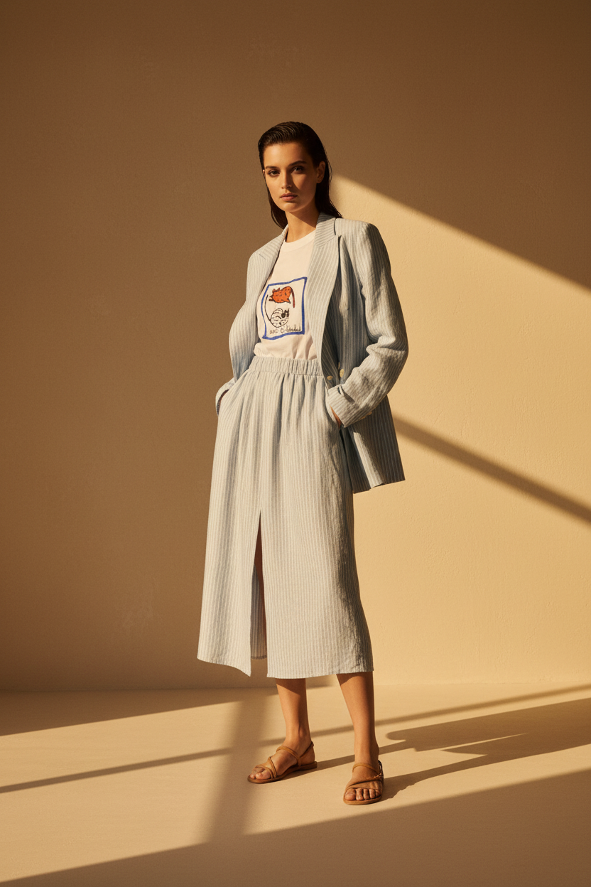 Striped Linen Set - Blazer & Skirt | 100% Linen Pinstripe