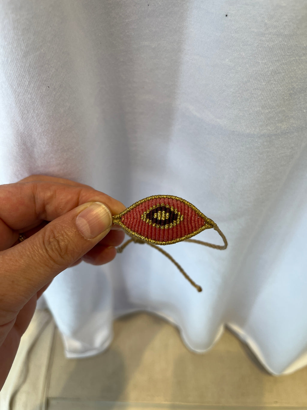 Handmade Evil Eye Macrame Bracelet | Terracotta & Gold | Adjustable Waxed Cord