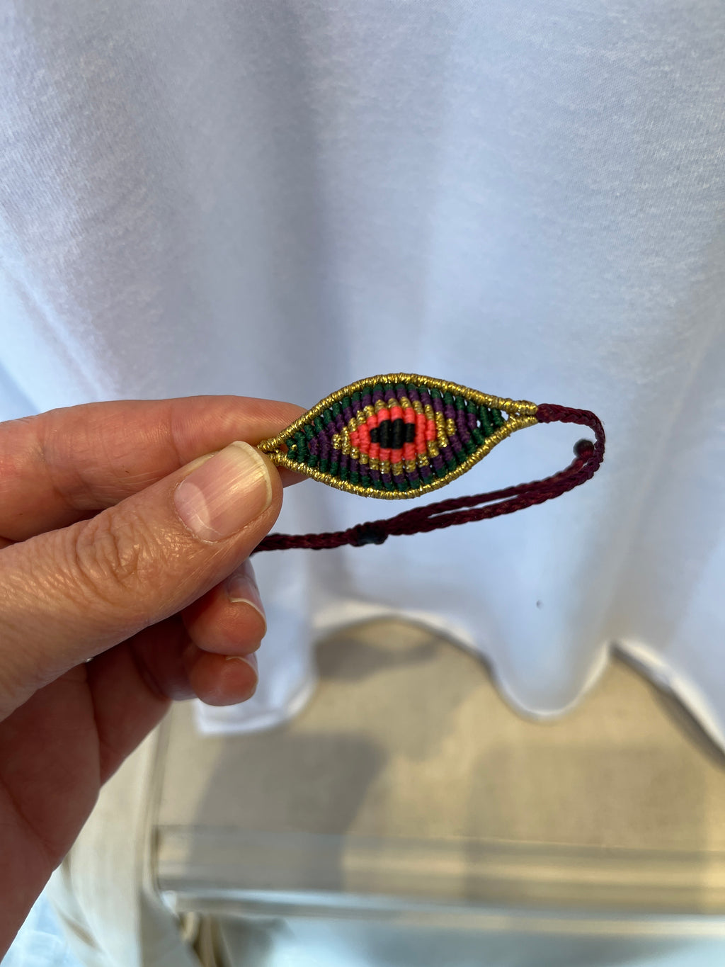 Handmade Evil Eye Macrame Bracelet | Dark Green, Coral & Gold | Adjustable Waxed Cord