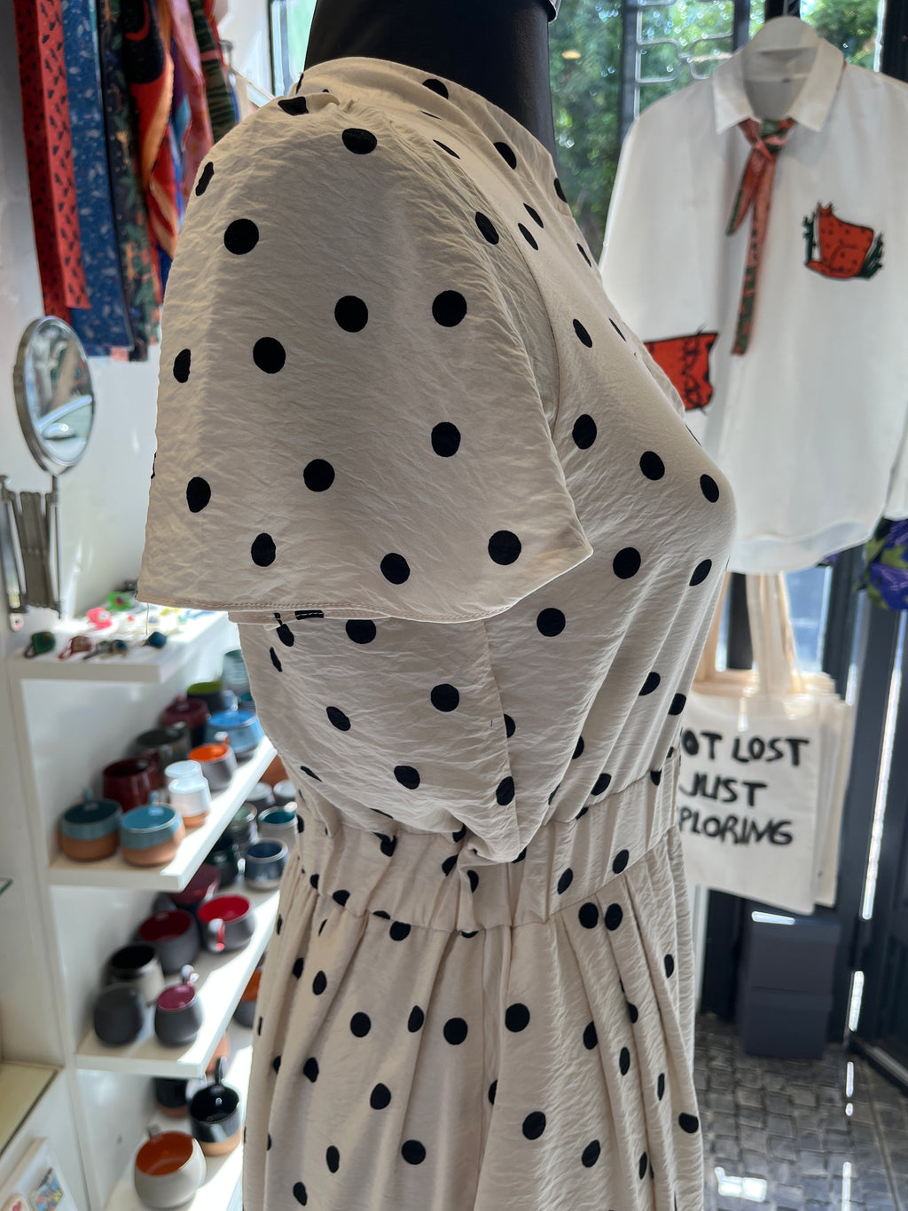 Polka Dot Midi Dress with Elastic Waist & Front Slit