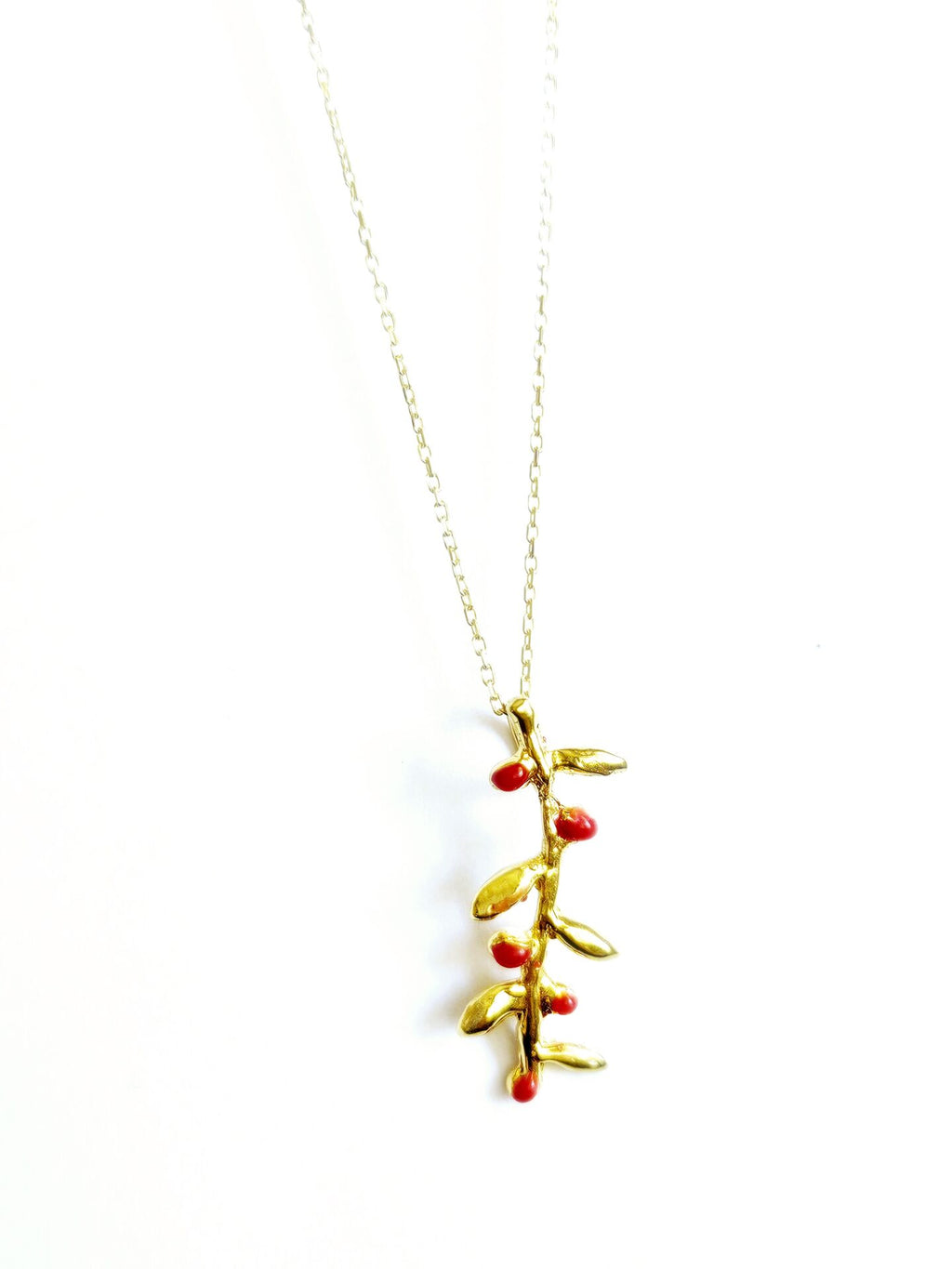 Handcrafted Gold Branch Necklace with Red Berry Details