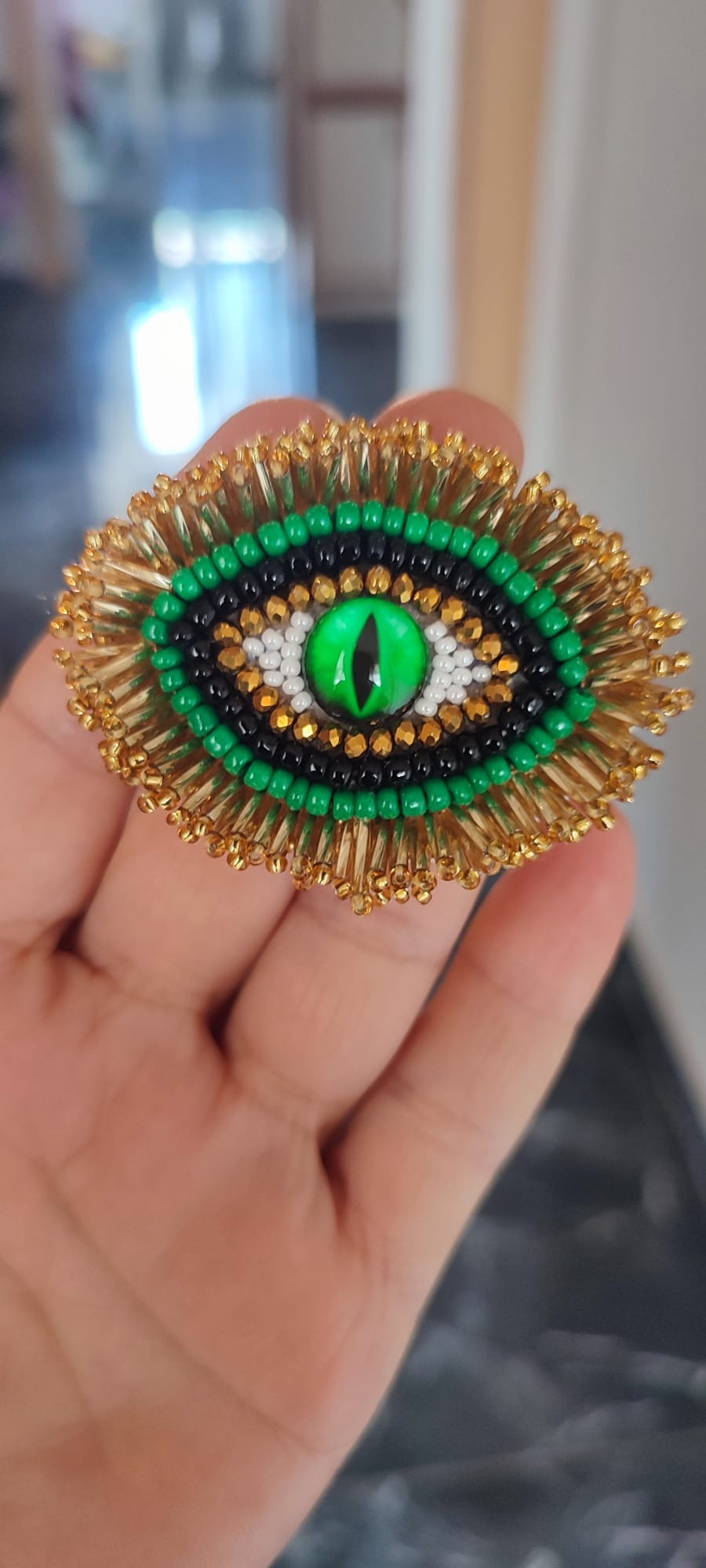 Handmade Green Cat Eye Brooch - Gold Fringed