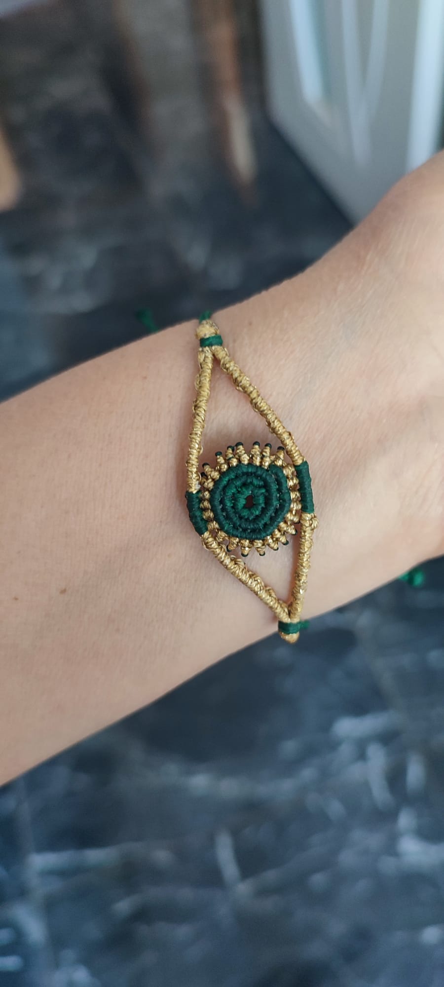 Handmade Emerald Green & Gold Macrame Evil Eye Bracelet