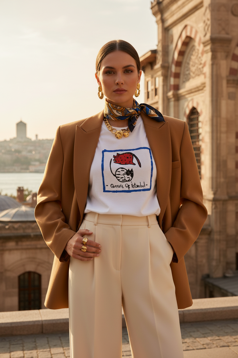 Queens of Istanbul Hand-Drawn Cat T-Shirt