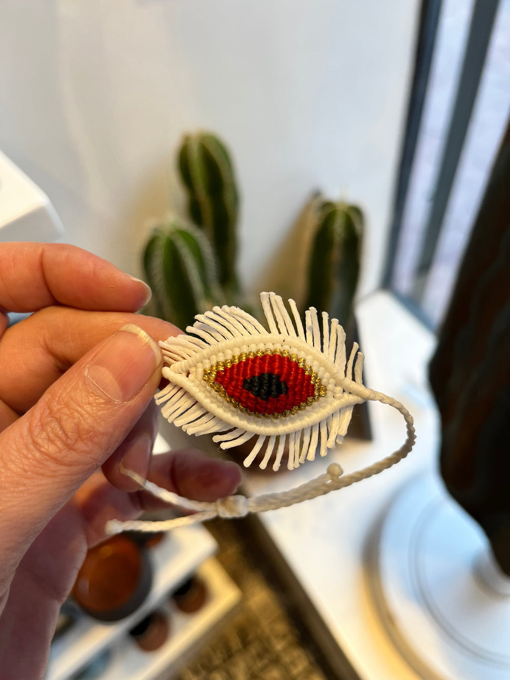 Handmade Cream Evil Eye Macramé Bracelet - Adjustable