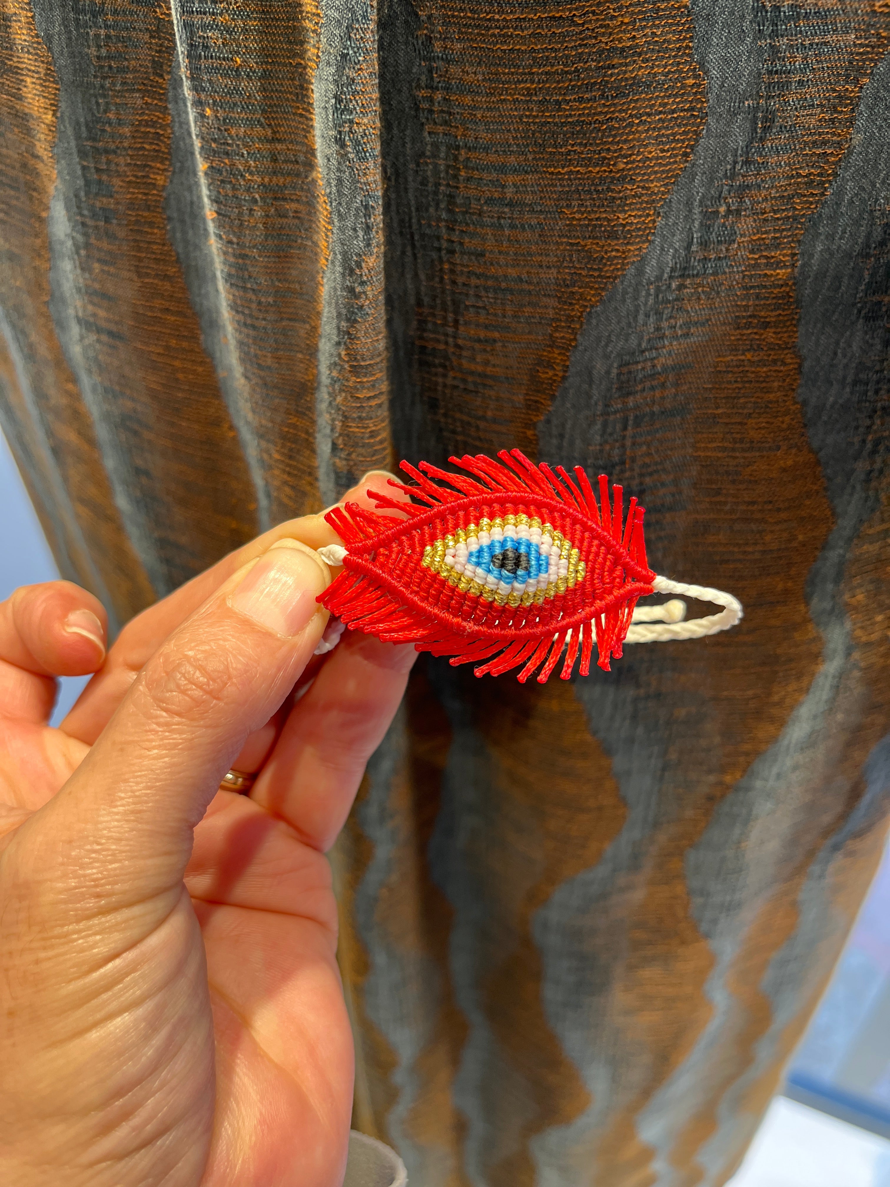 Handmade Red Fringe Pastel Rainbow Eye Macrame Bracelet - Adjustable