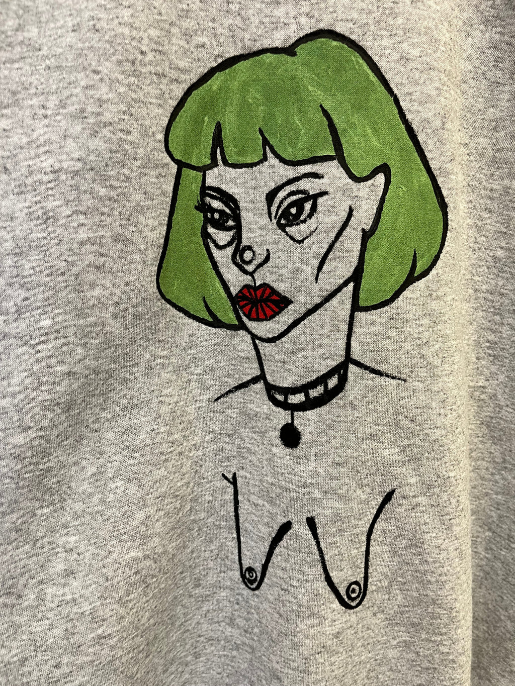 Hand-Drawn Woman Portrait Sweatshirt - Green Hair Art Print