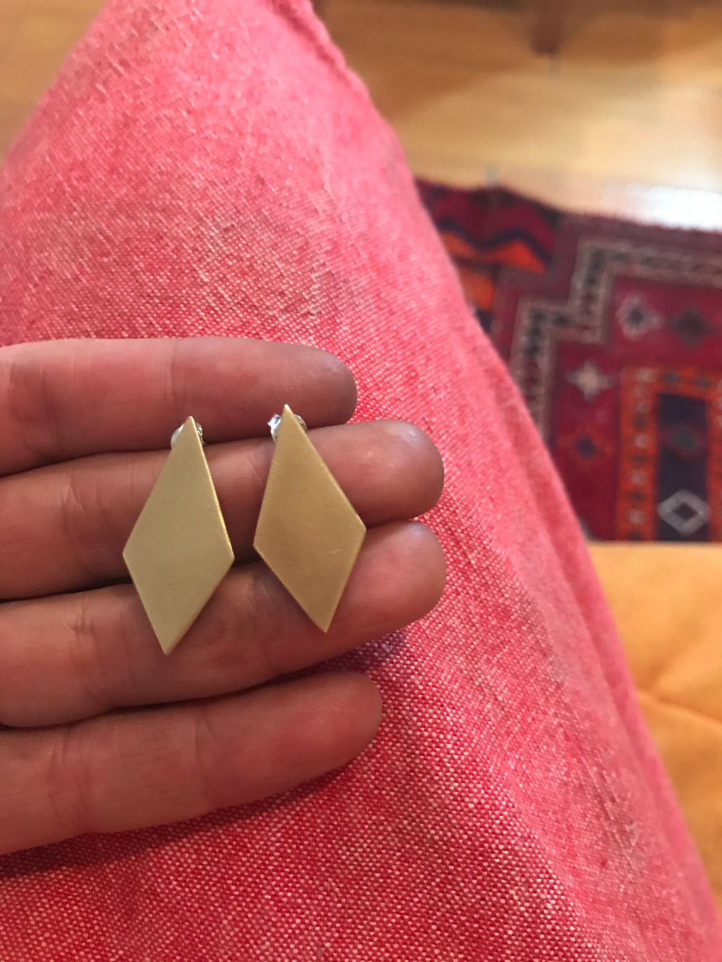 Handmade Diamond-Shaped Bronze Earrings - Gold Plated