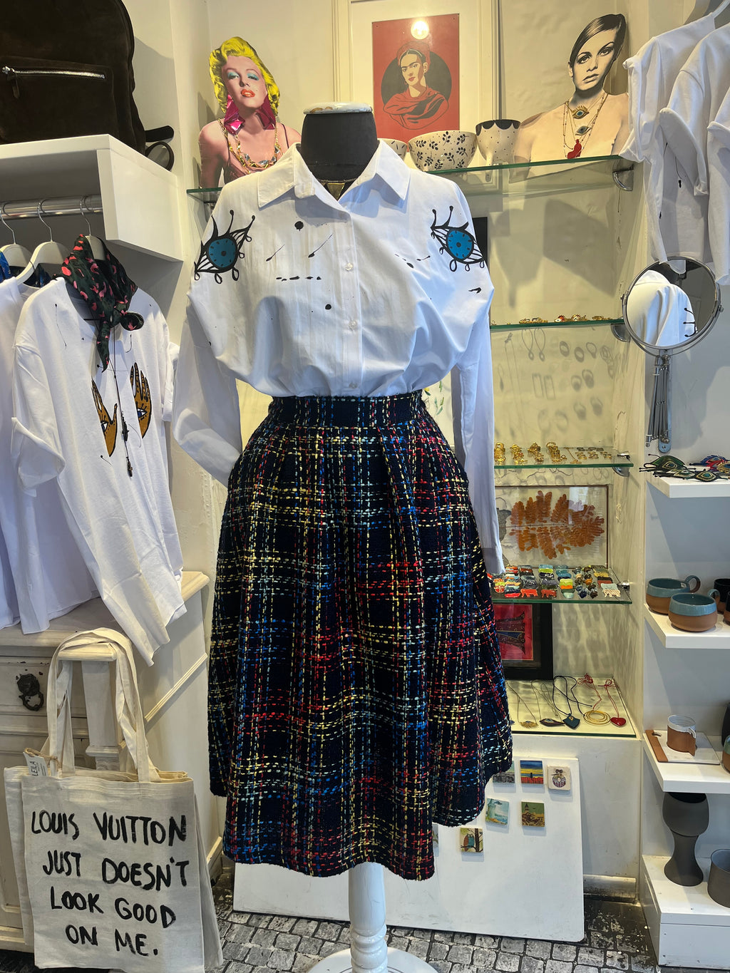 Elastic Waist Checkered Knit Skirt with Pockets