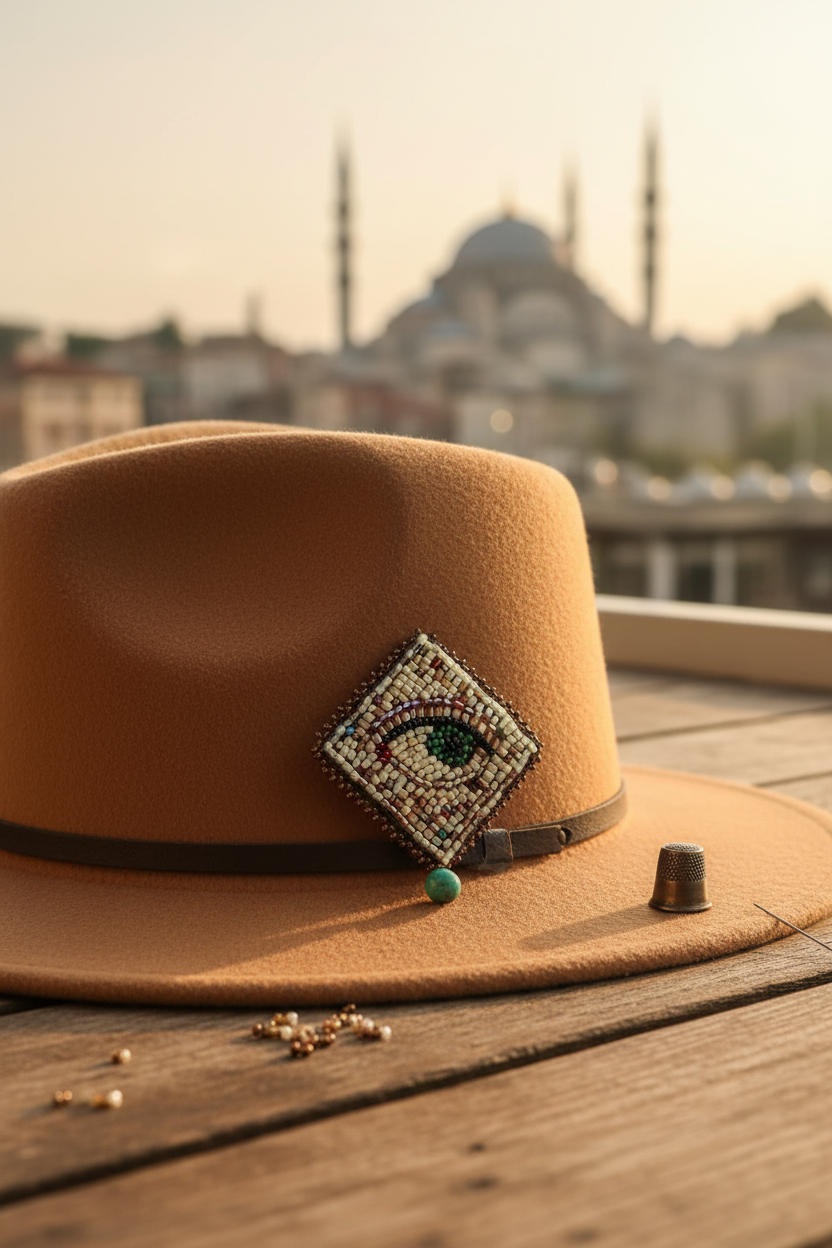 Beaded Evil Eye Brooch on Hat