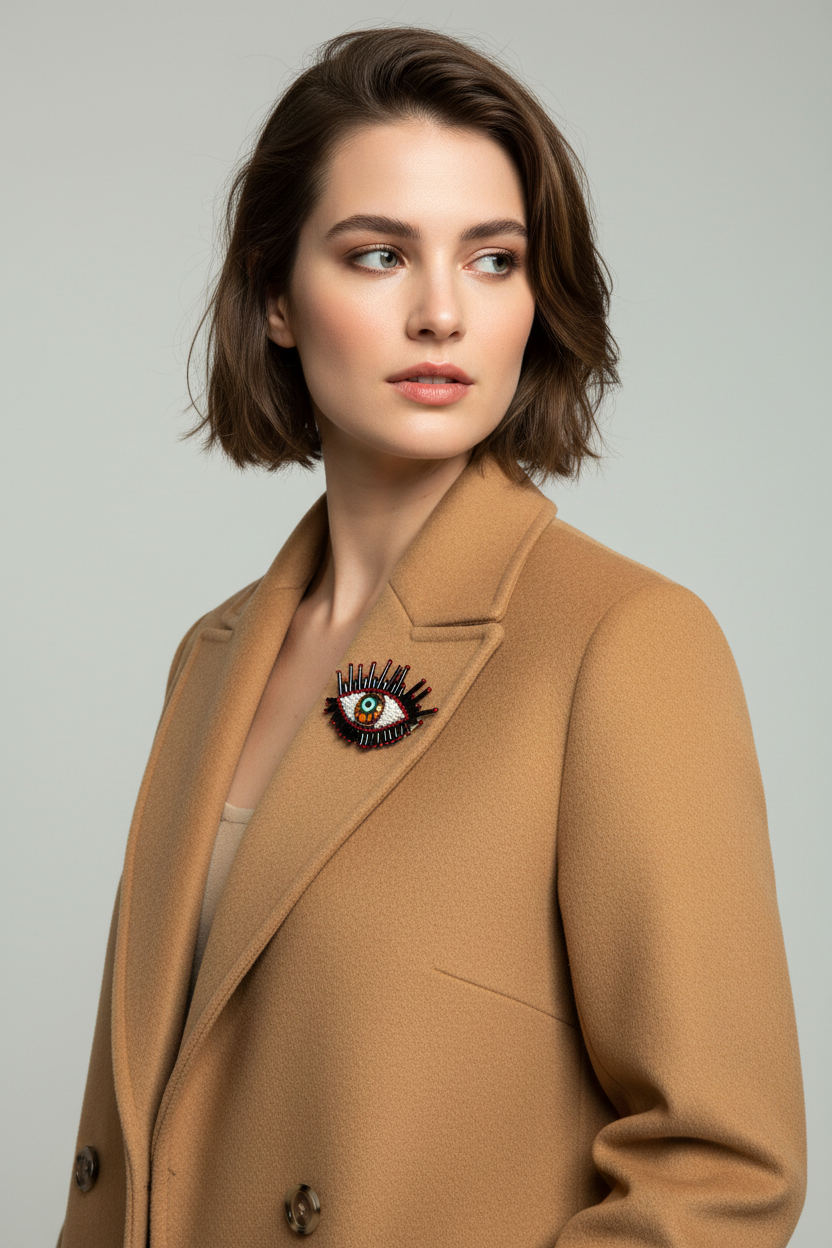 Black Red Evil Eye Brooch - Camel Coat