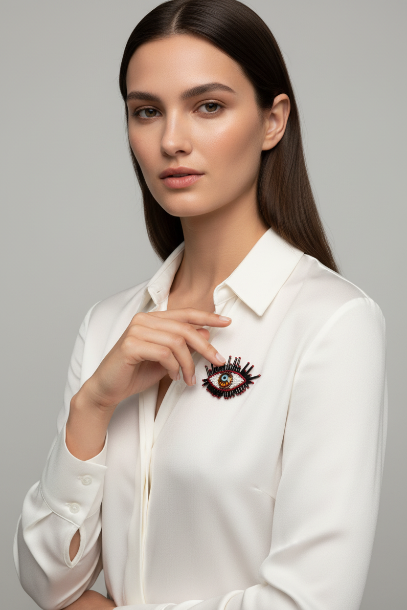 Black Red Evil Eye Brooch - White Blouse