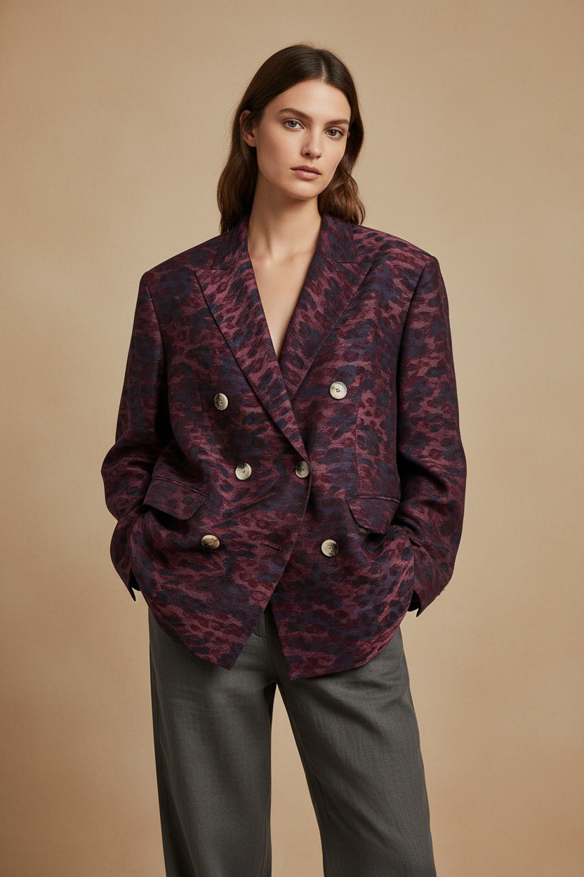 Bordo-Lacivert Leopar Oversize Kruvaze Ceket